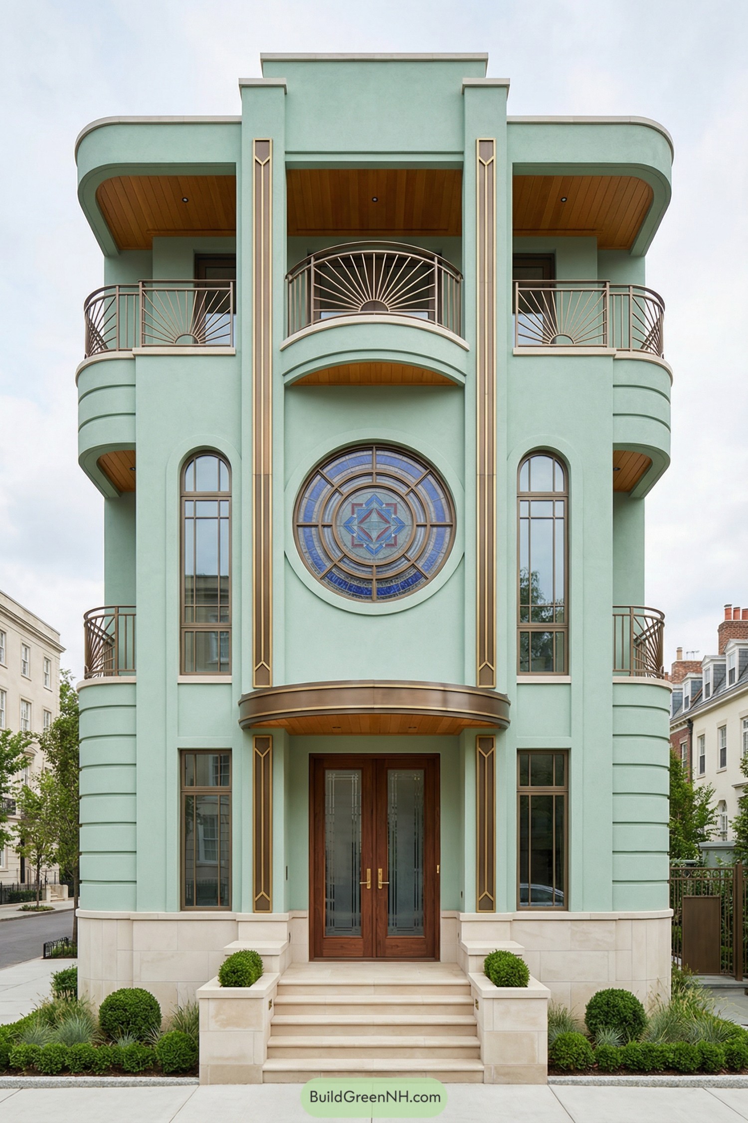 Pale green art deco townhouse with round stained glass window and curving balconies
