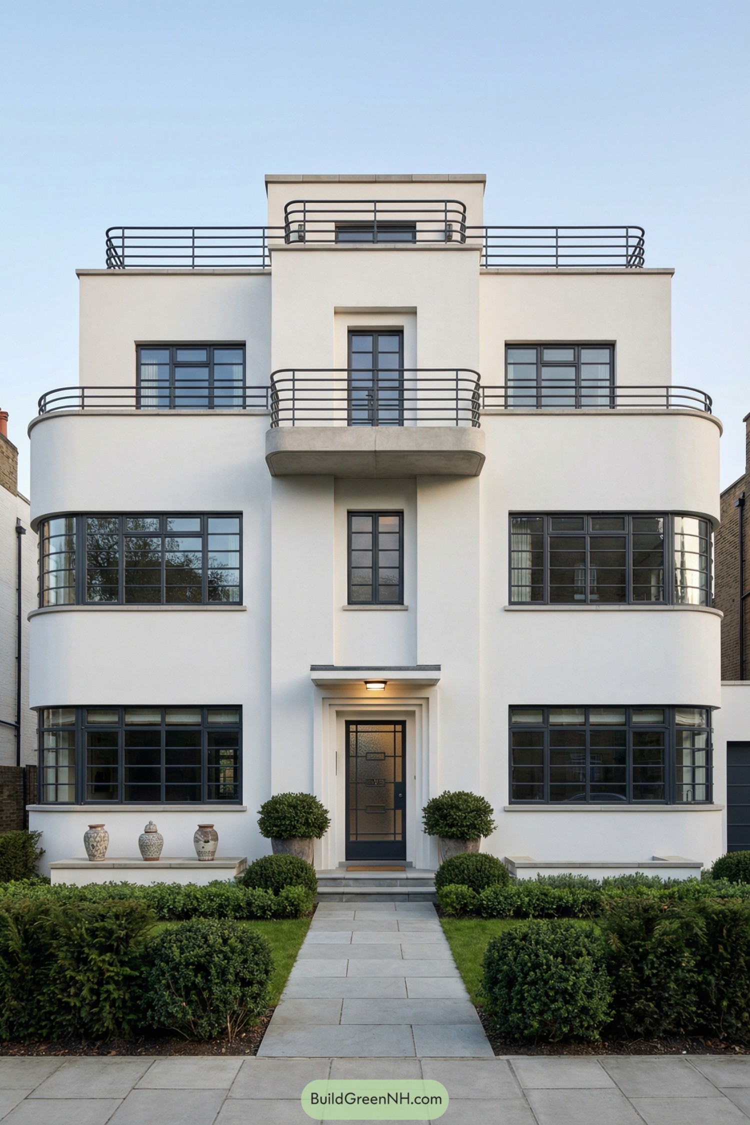 White art deco townhouse with tiered balconies and dark metal railings