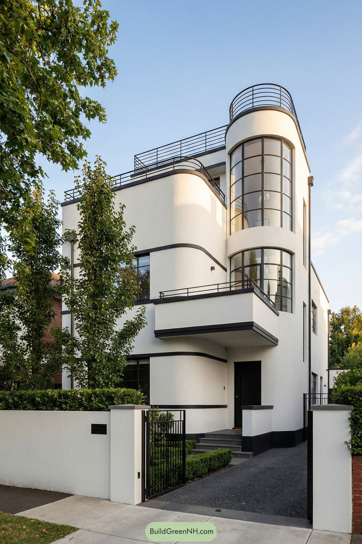 White art deco townhouse with rounded glass tower, layered balconies, and black metal railings