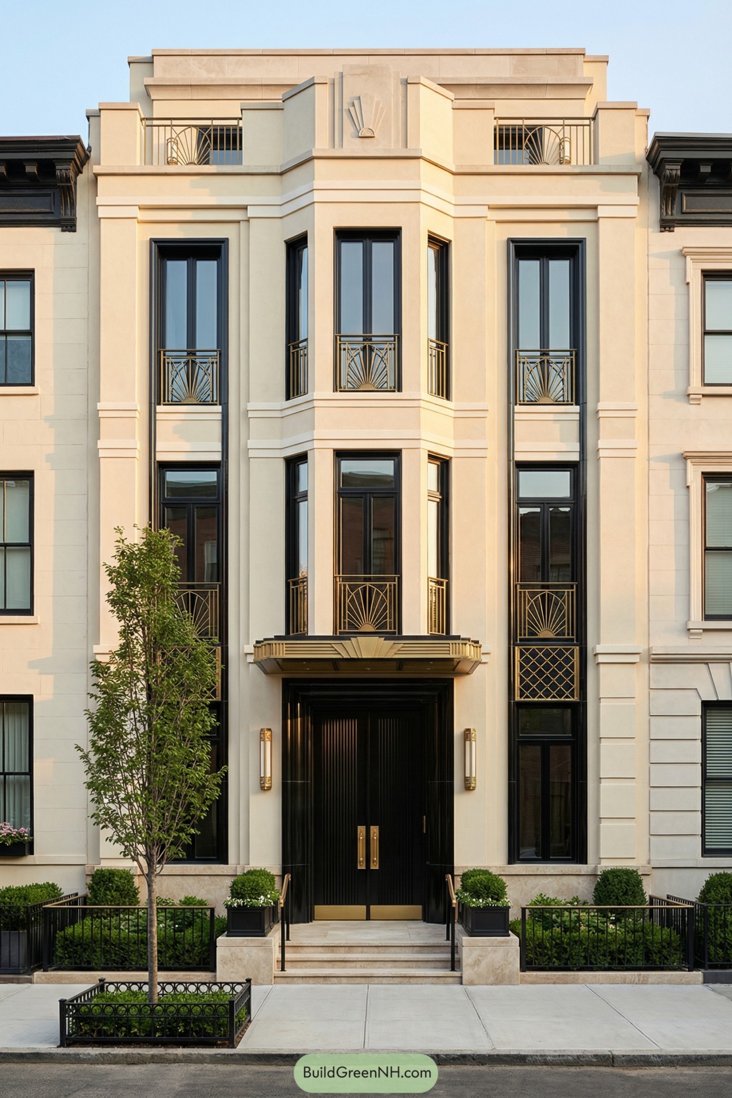 Cream stone art deco townhouse with black and gold detailing