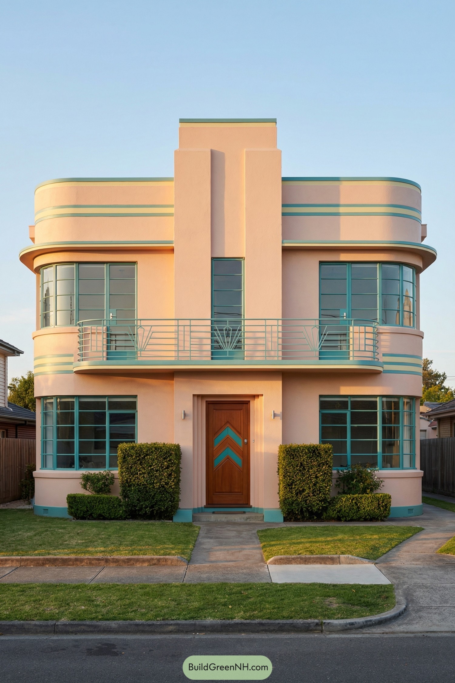 Pastel peach art deco townhouse with teal-framed curved windows and central balcony