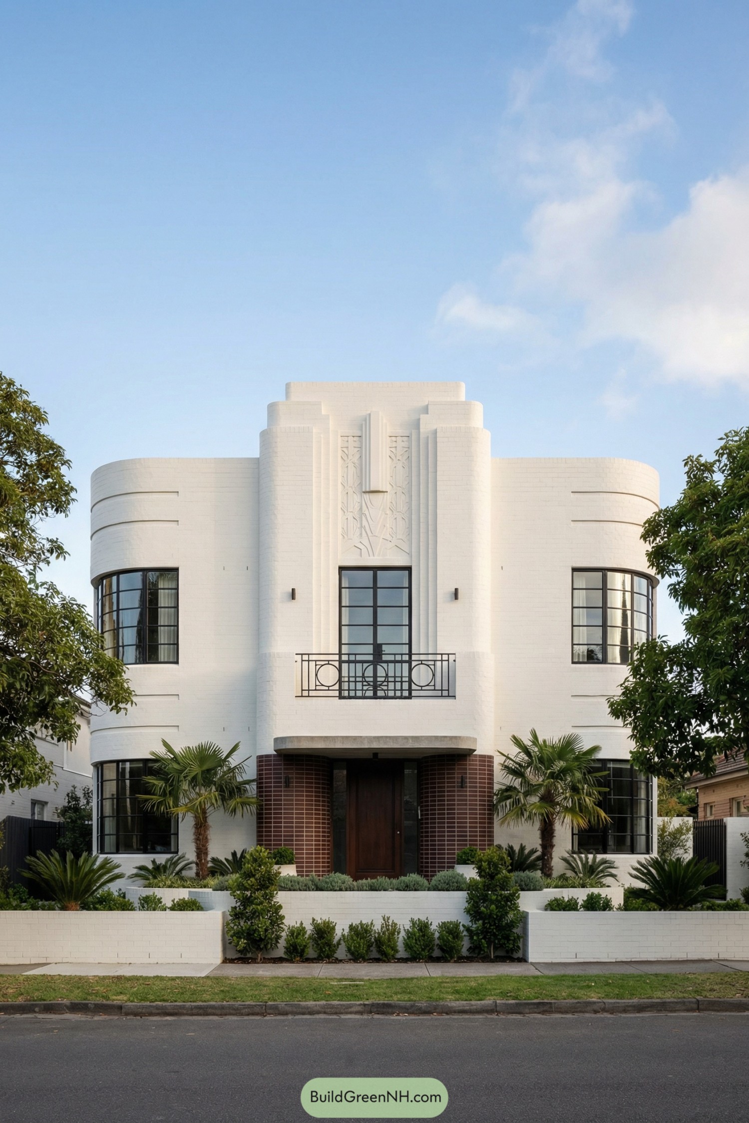 White art deco townhouse with curved wings and central stepped facade