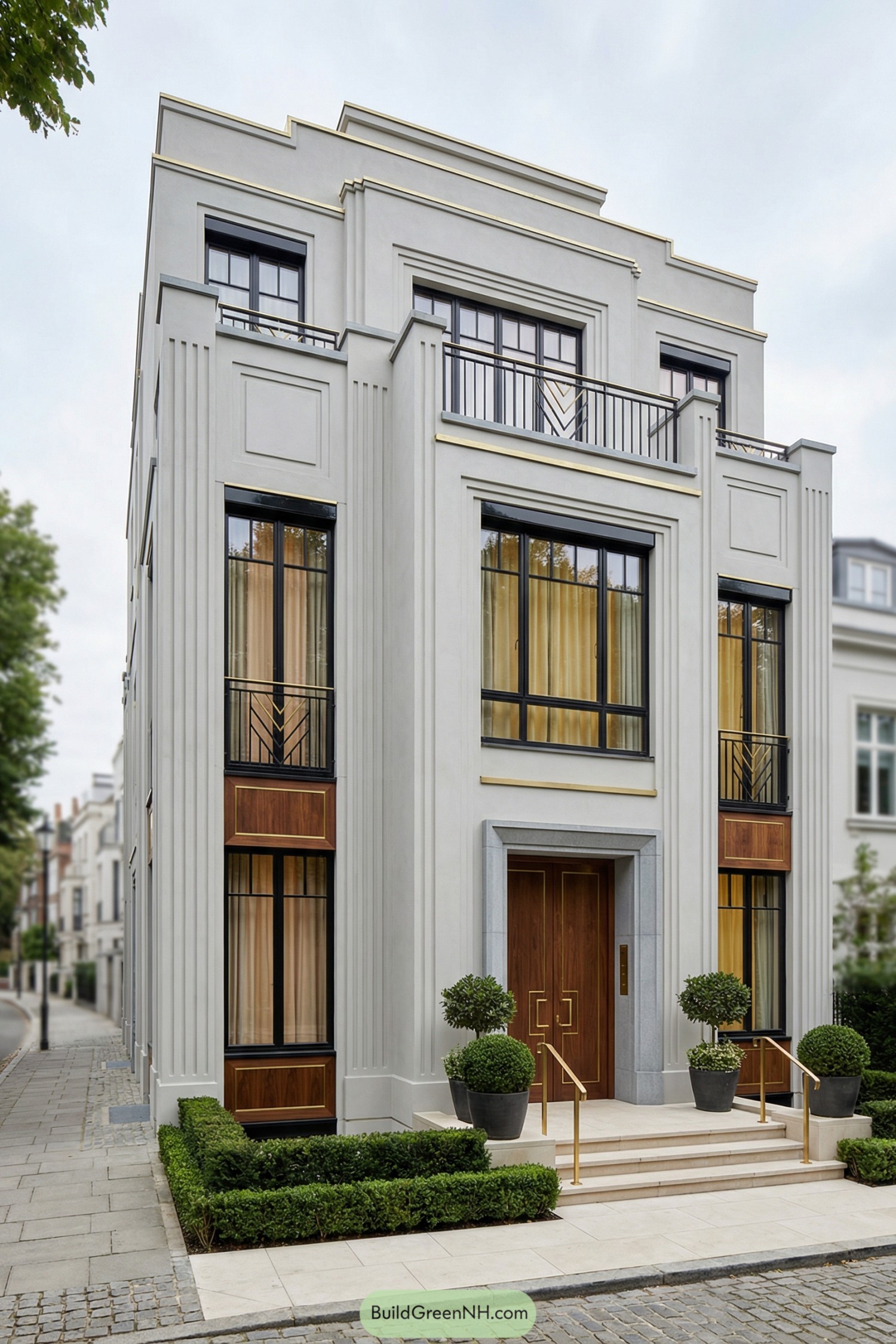 Tall pale gray art deco townhouse with black-framed windows, warm wood panels, and gold accents at the entrance and balconies