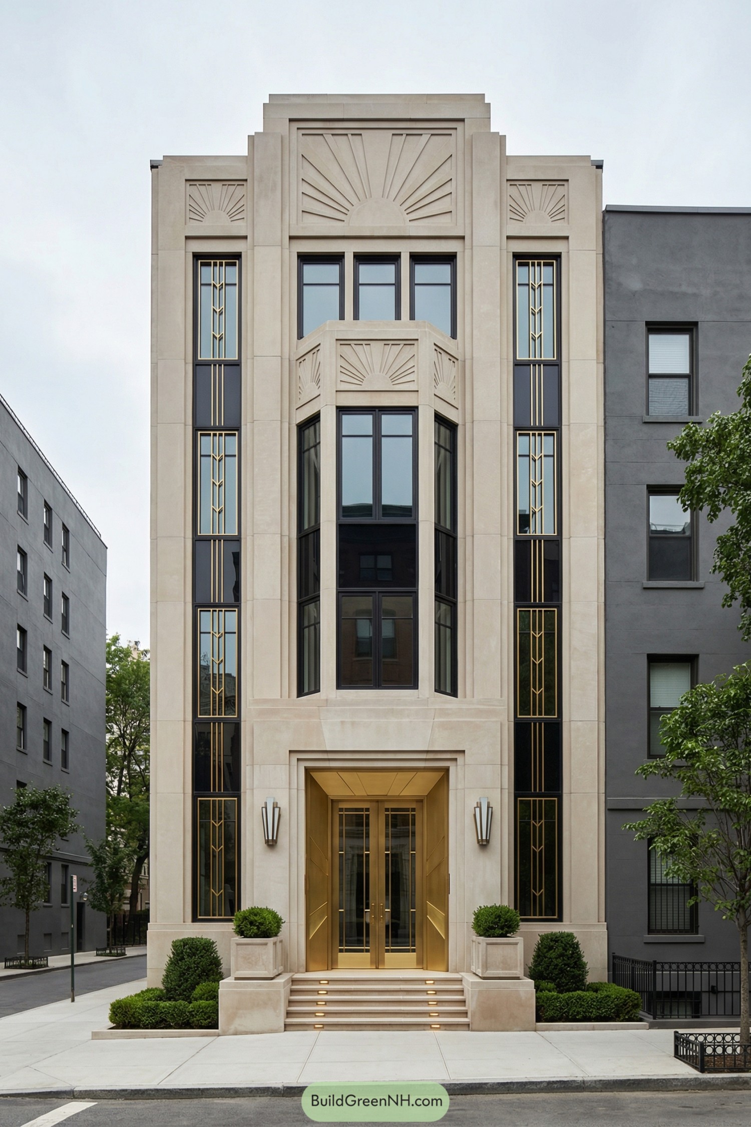 Tall cream stone townhouse with central bay windows, gold-trimmed doors, and stylized sunburst carvings