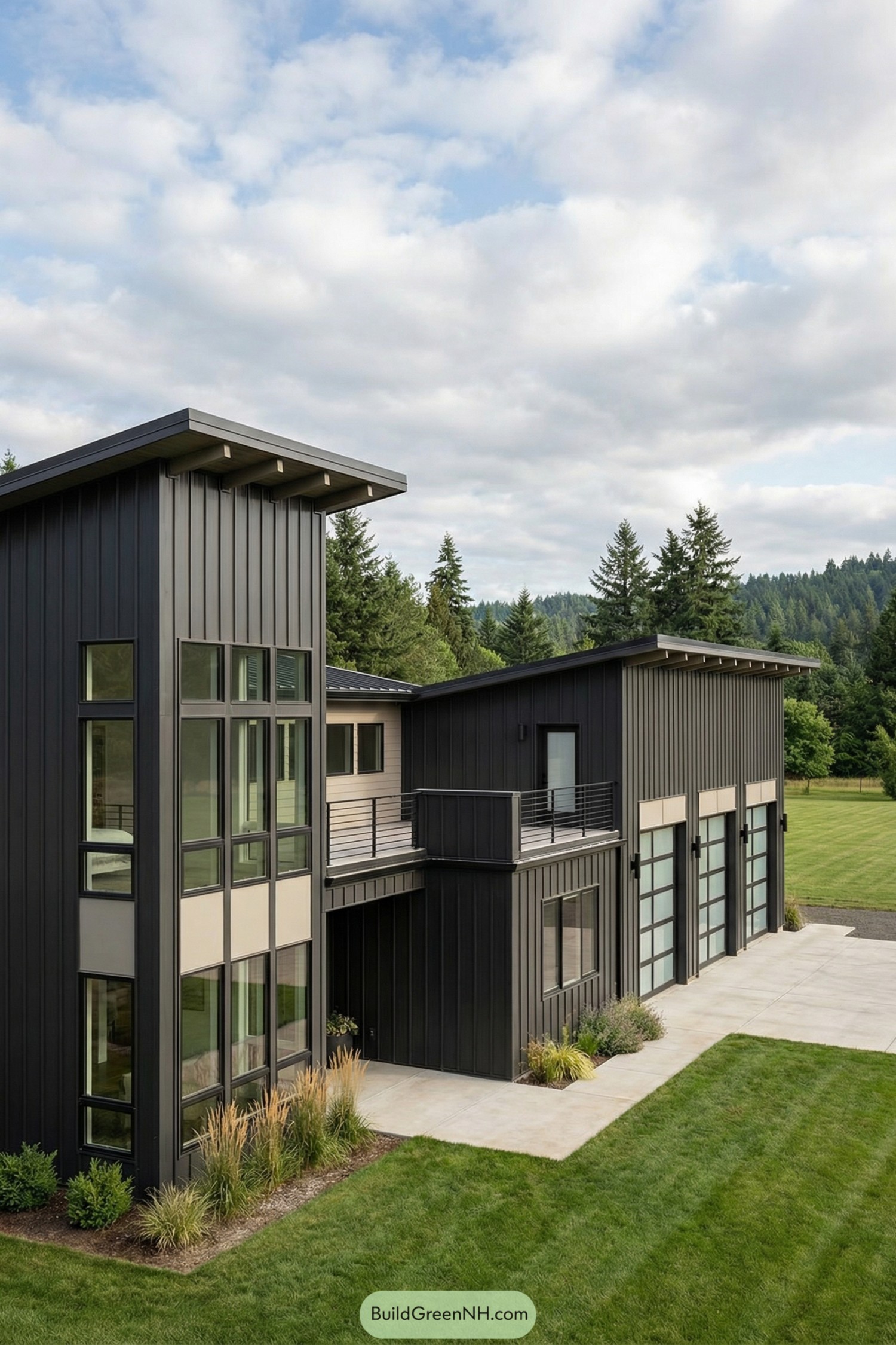 Dark metal-clad barndominium with rooftop deck overlooking wooded landscape