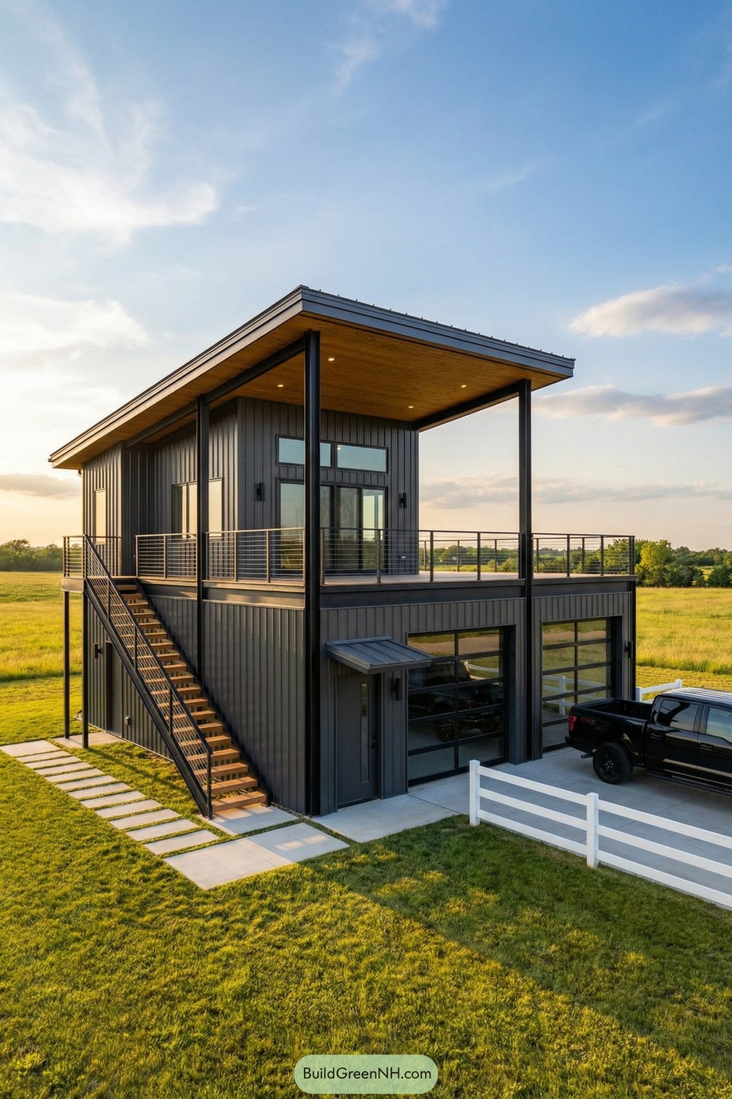 Two-story black metal barndominium with exterior stairs and expansive covered rooftop deck overlooking open fields. Ground level features large glass garage doors, a single entry door with a small awning, and a parked black truck