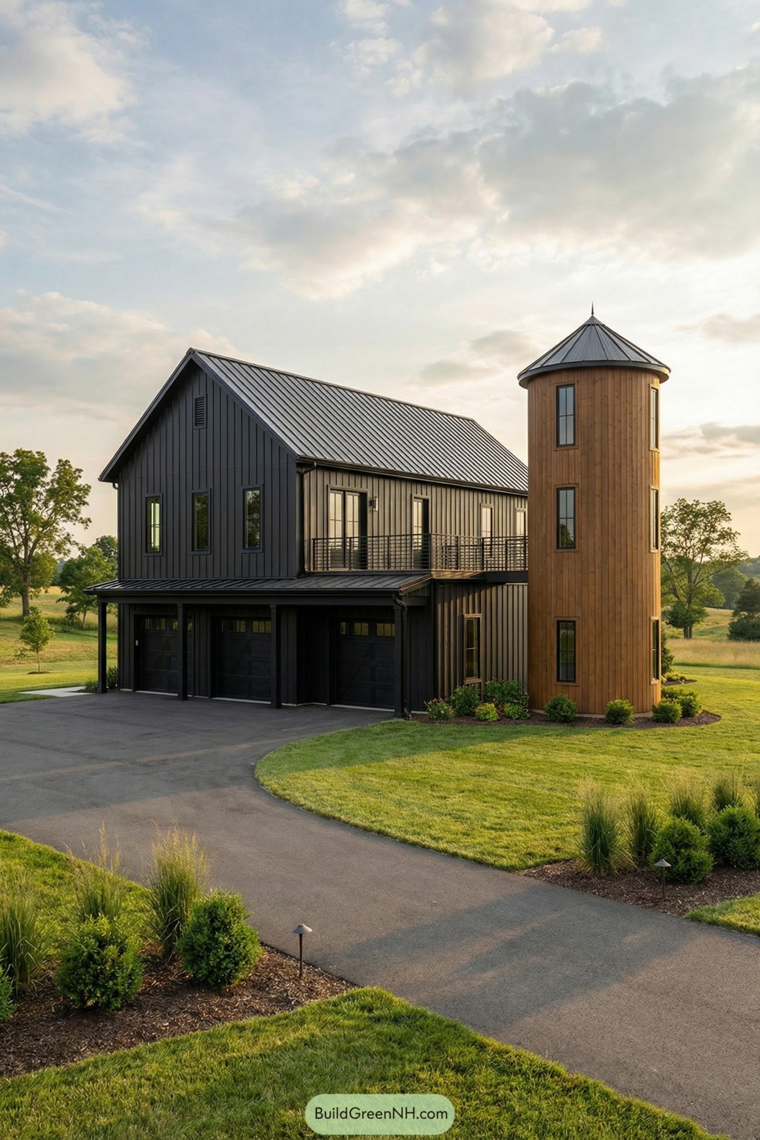 Black modern barndominium with attached wood-clad tower and upper-level deck overlooking a green rural landscape