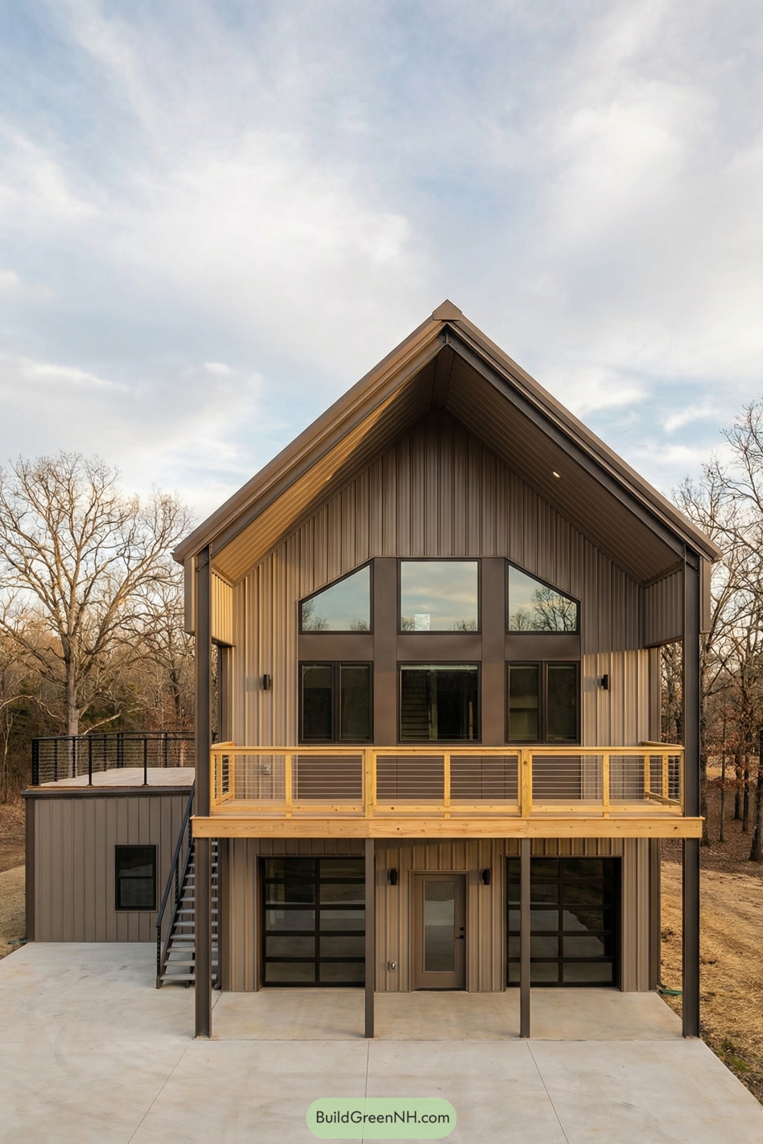 Two-story modern barndominium with metal siding, tall gabled roof, upper balcony, and adjoining flat-roof rooftop terrace with exterior stairs