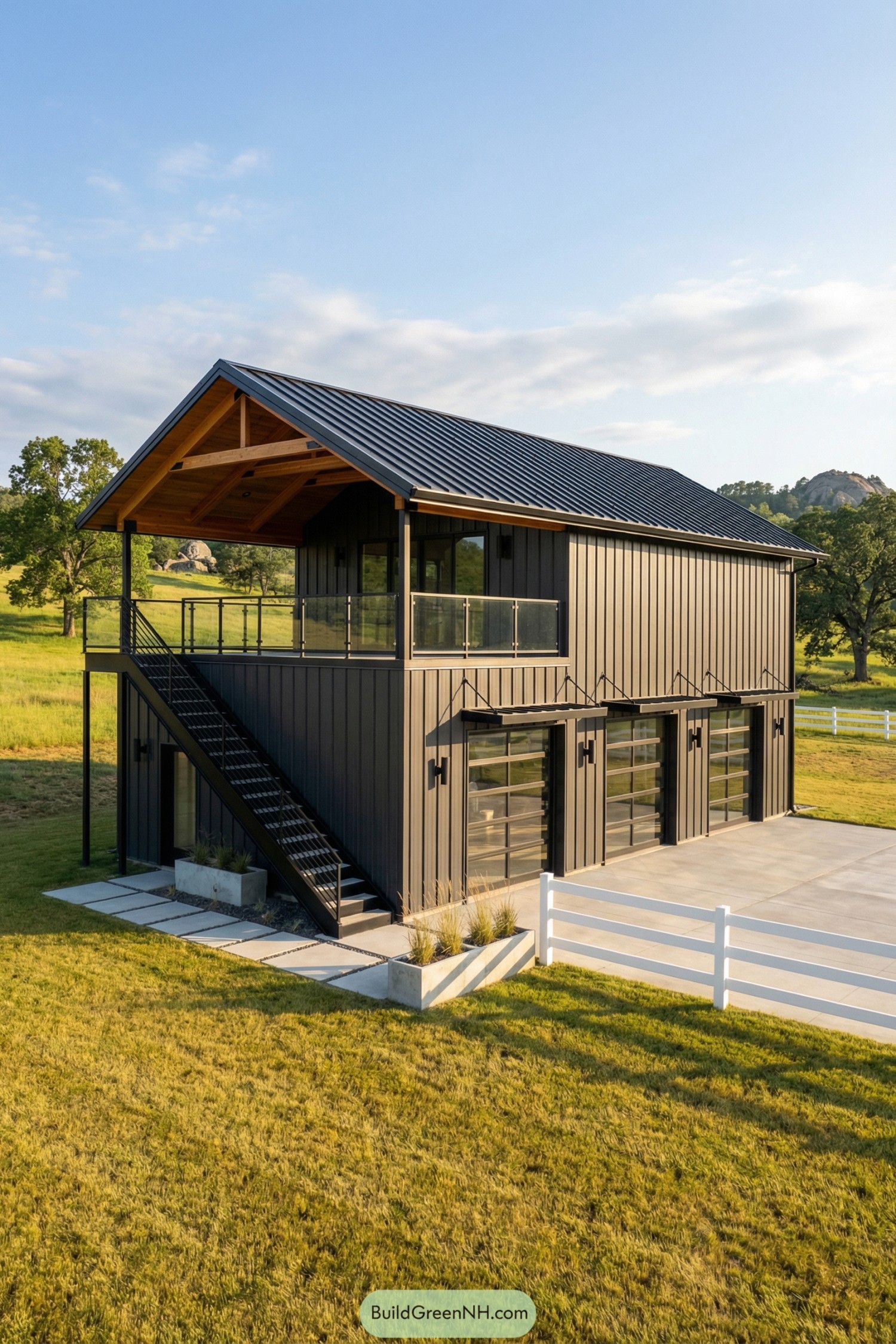 Two-story modern barndominium with exterior stair and covered rooftop deck overlooking open fields. Dark vertical siding, glass garage doors, and metal roof create a sleek farmhouse look