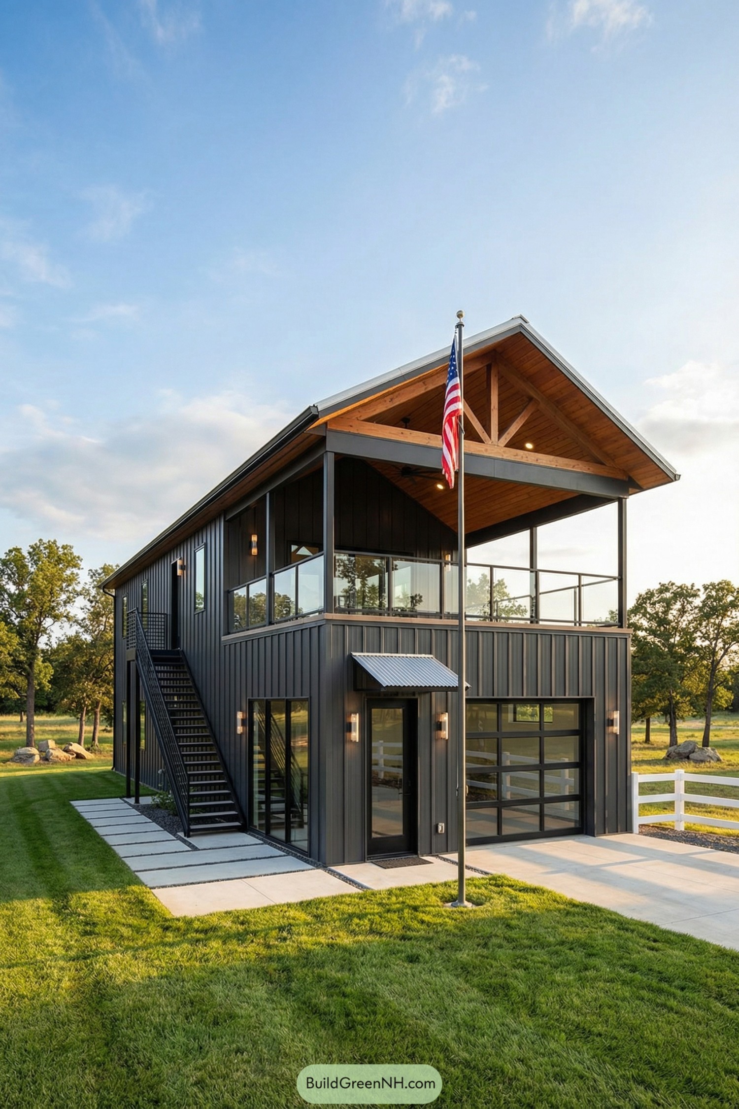 Two-story black metal barndominium with upper covered rooftop deck, exterior stair, and large glass garage door set in a grassy rural lot