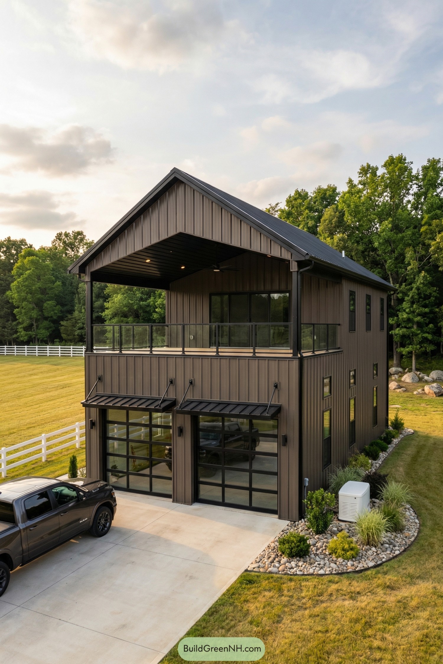 Two-story metal barndominium with covered rooftop deck and glass garage doors. Modern brown vertical siding, black trim, and open upper terrace facing surrounding fields