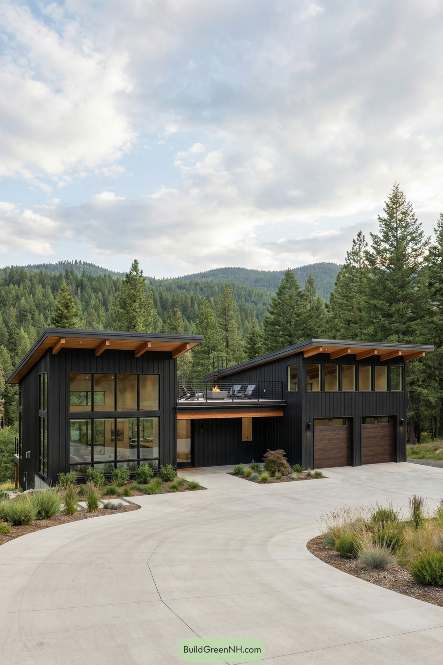 Black metal-clad barndominium with rooftop deck nestled among forested hills