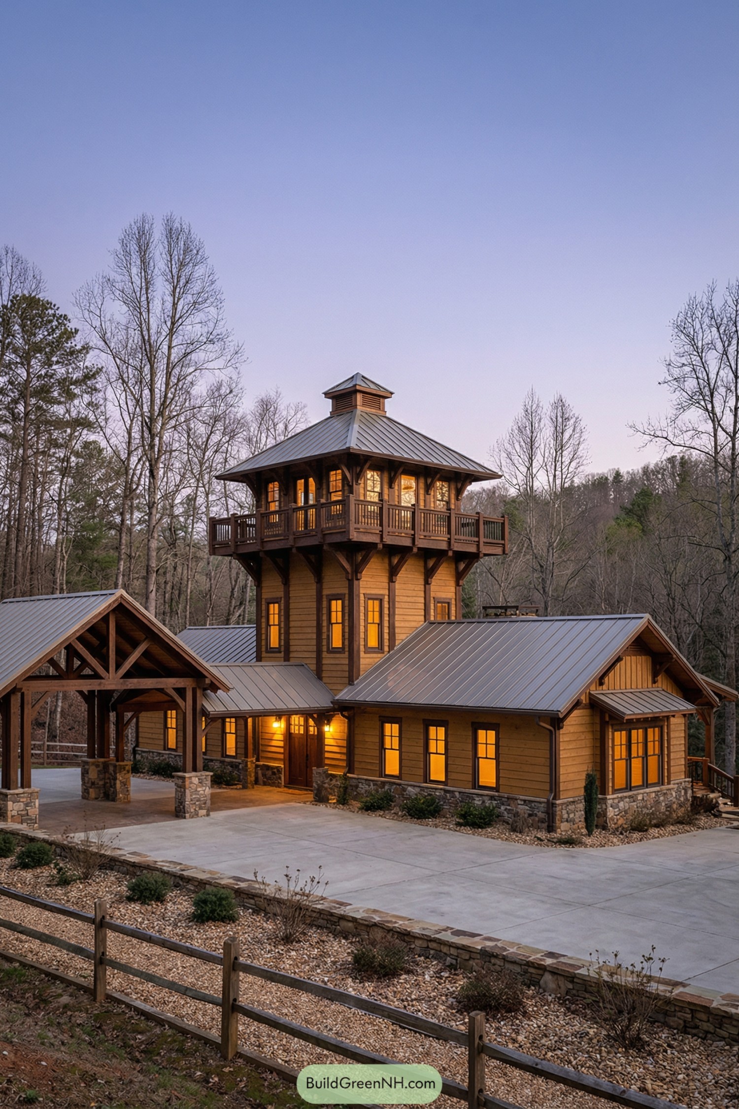 Three-story wood and stone barndominium with central tower and rooftop deck surrounded by forest