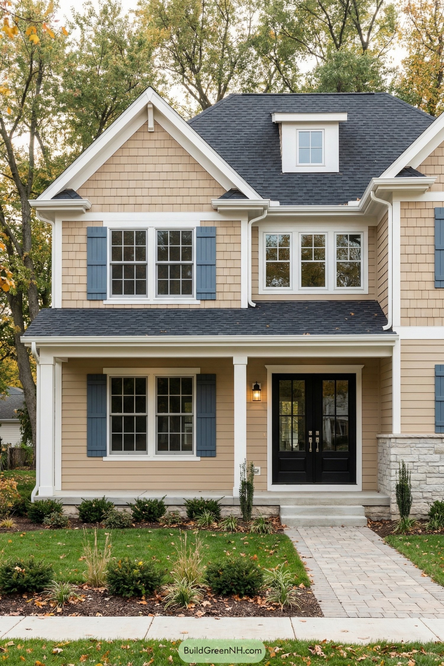 Two-story beige house with blue shutters and black double front door