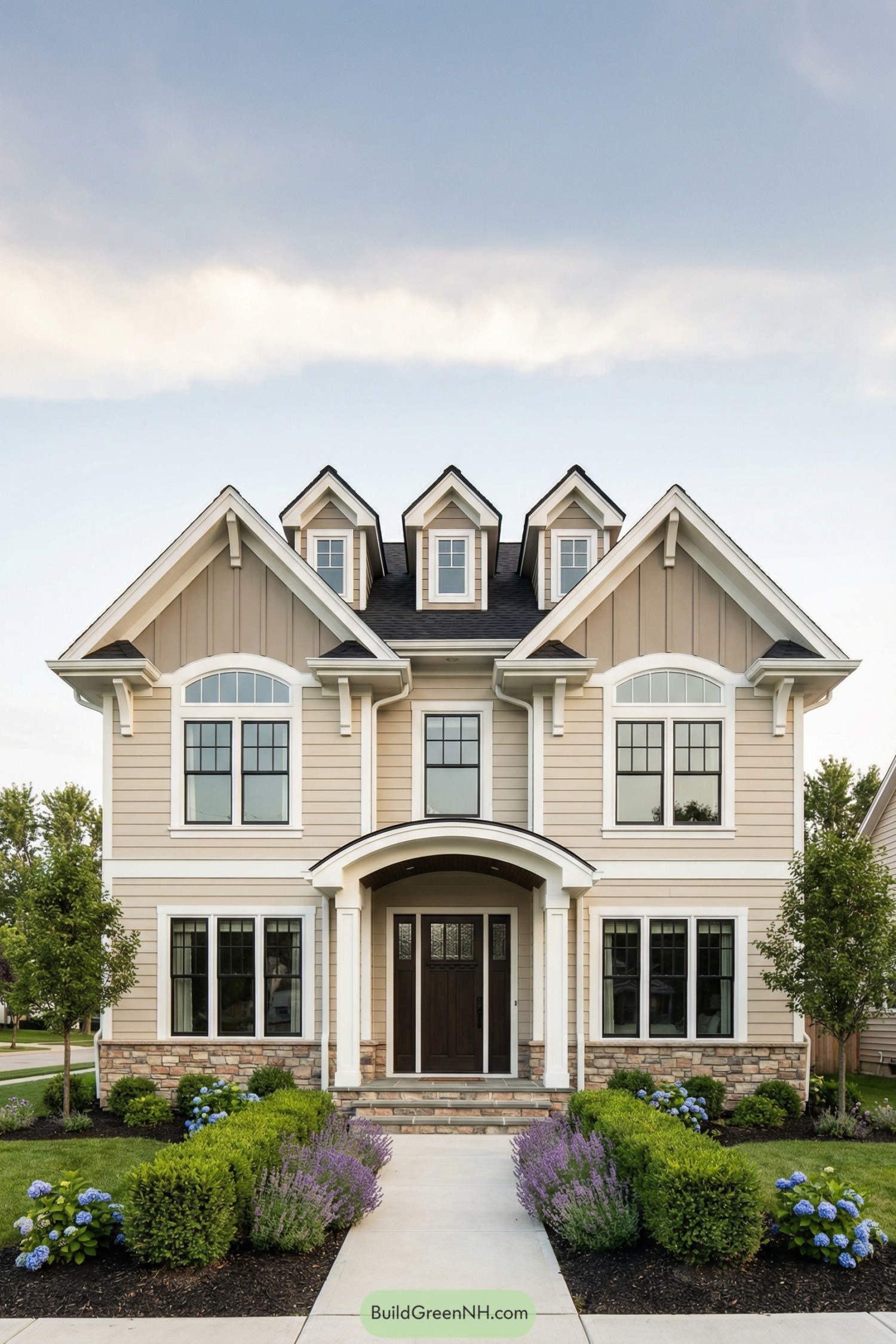 Two-story beige house with three front dormers and manicured front garden