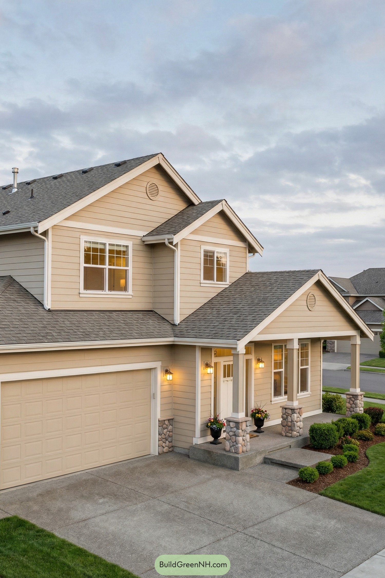 Beige two-story suburban house with gabled roof, stone-accented porch, and attached double garage