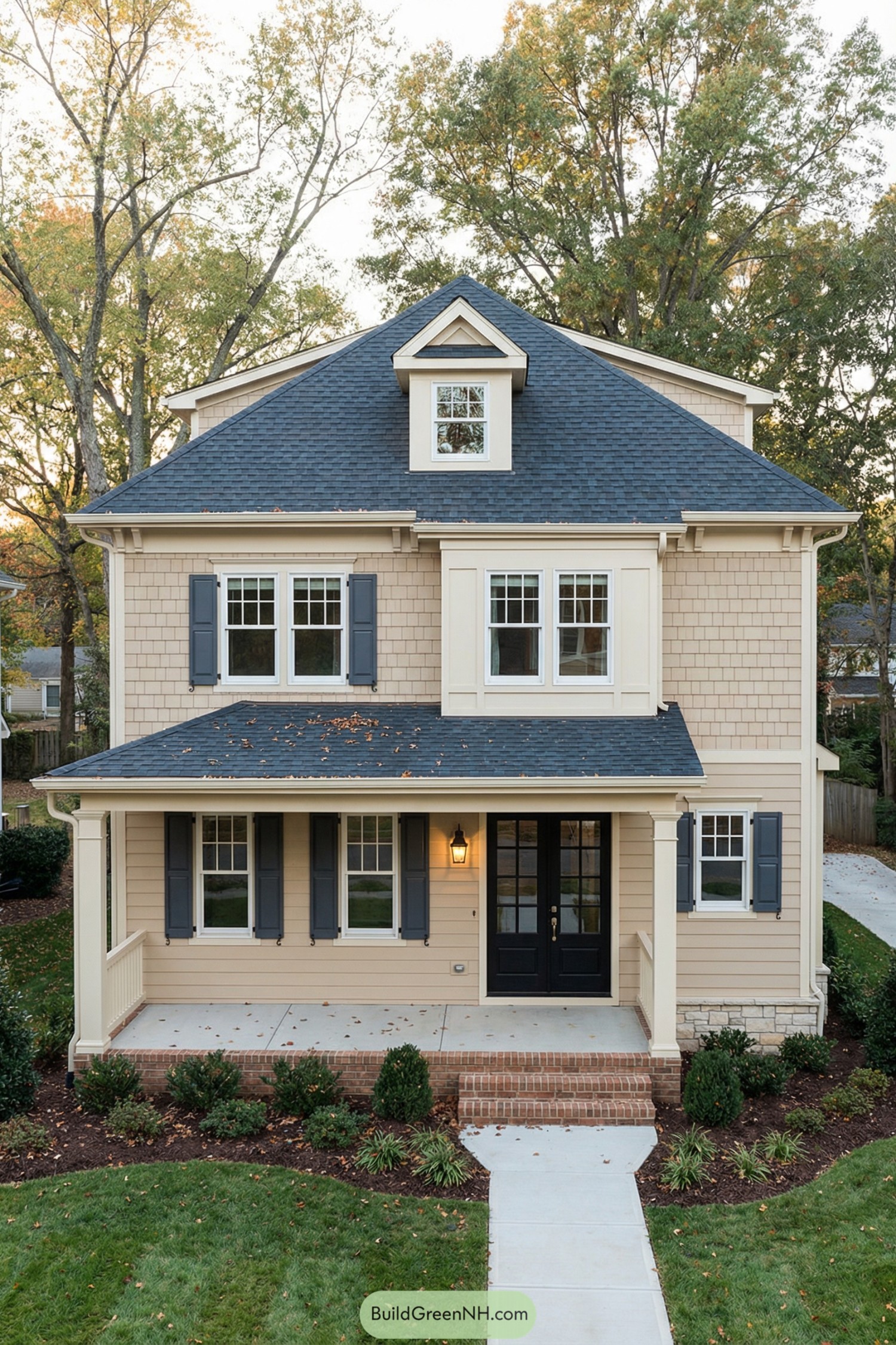 Two-story beige Craftsman-style house with blue roof, shutters, and a covered front porch