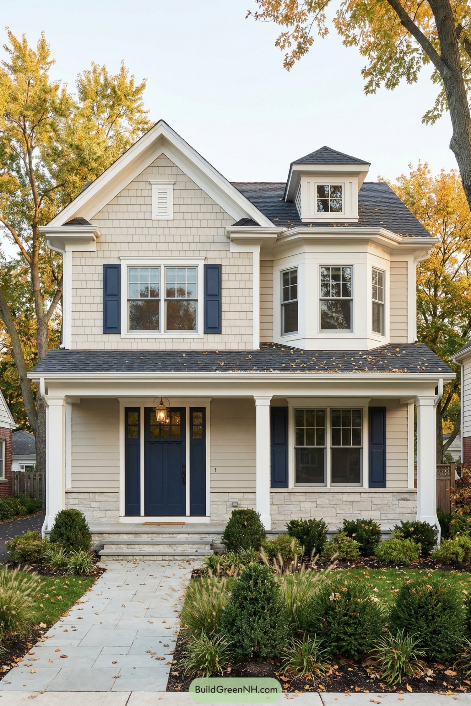 Two-story beige house with blue door, navy shutters, bay window, and covered front porch