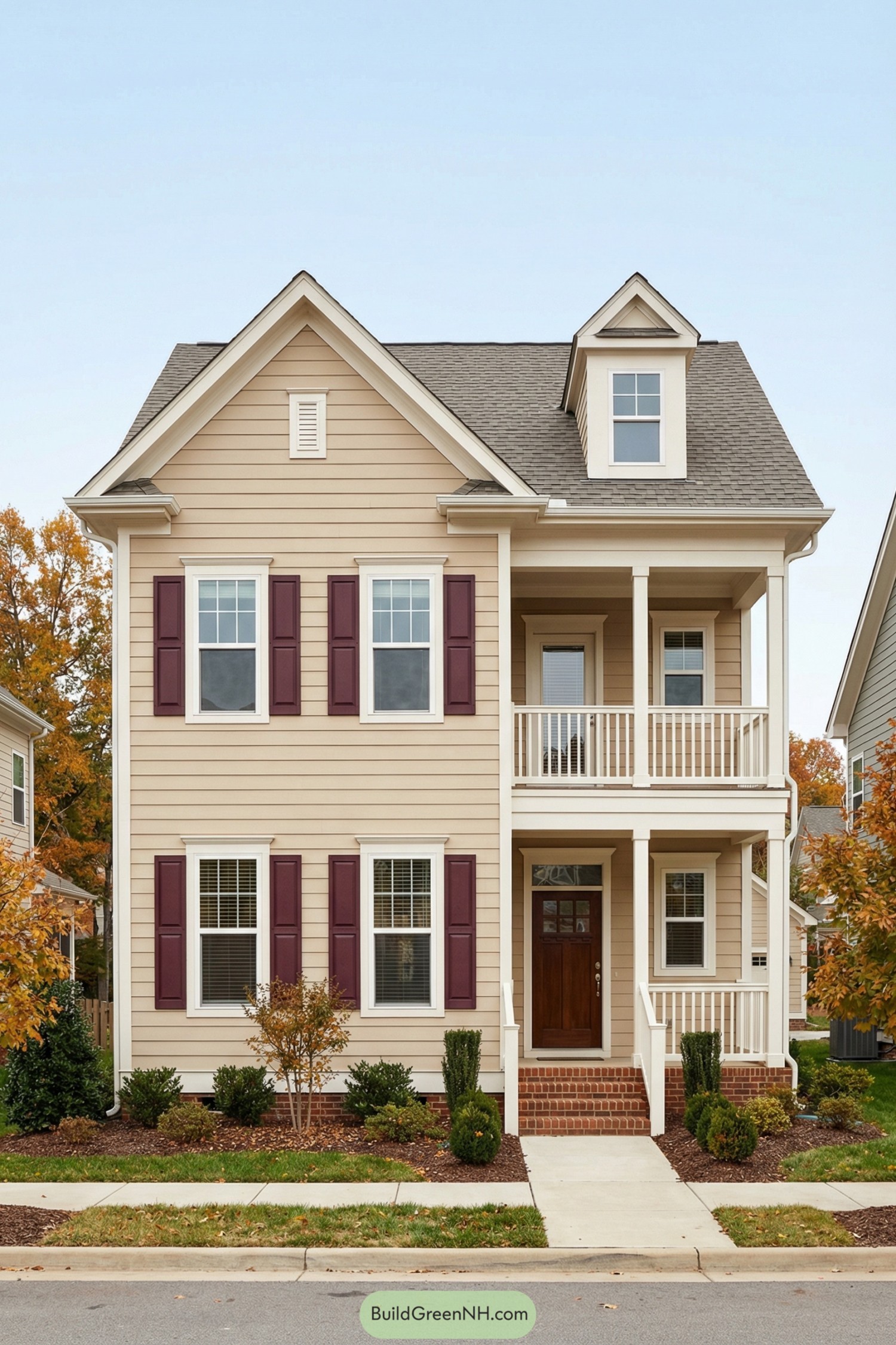 Two-story beige house with burgundy shutters and upper front balcony