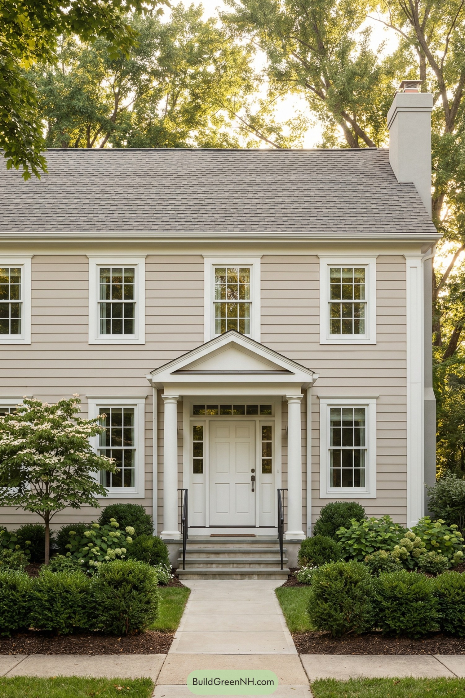 Symmetrical beige two-story house with columned entry