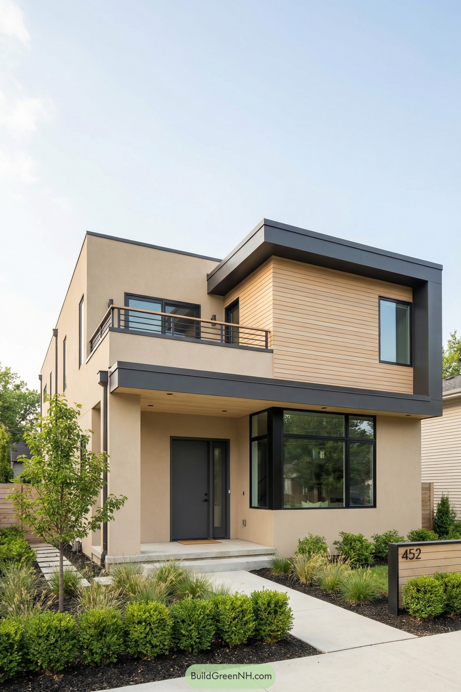 Modern beige two-story house with flat roof, dark trim, and wood-clad upper volume