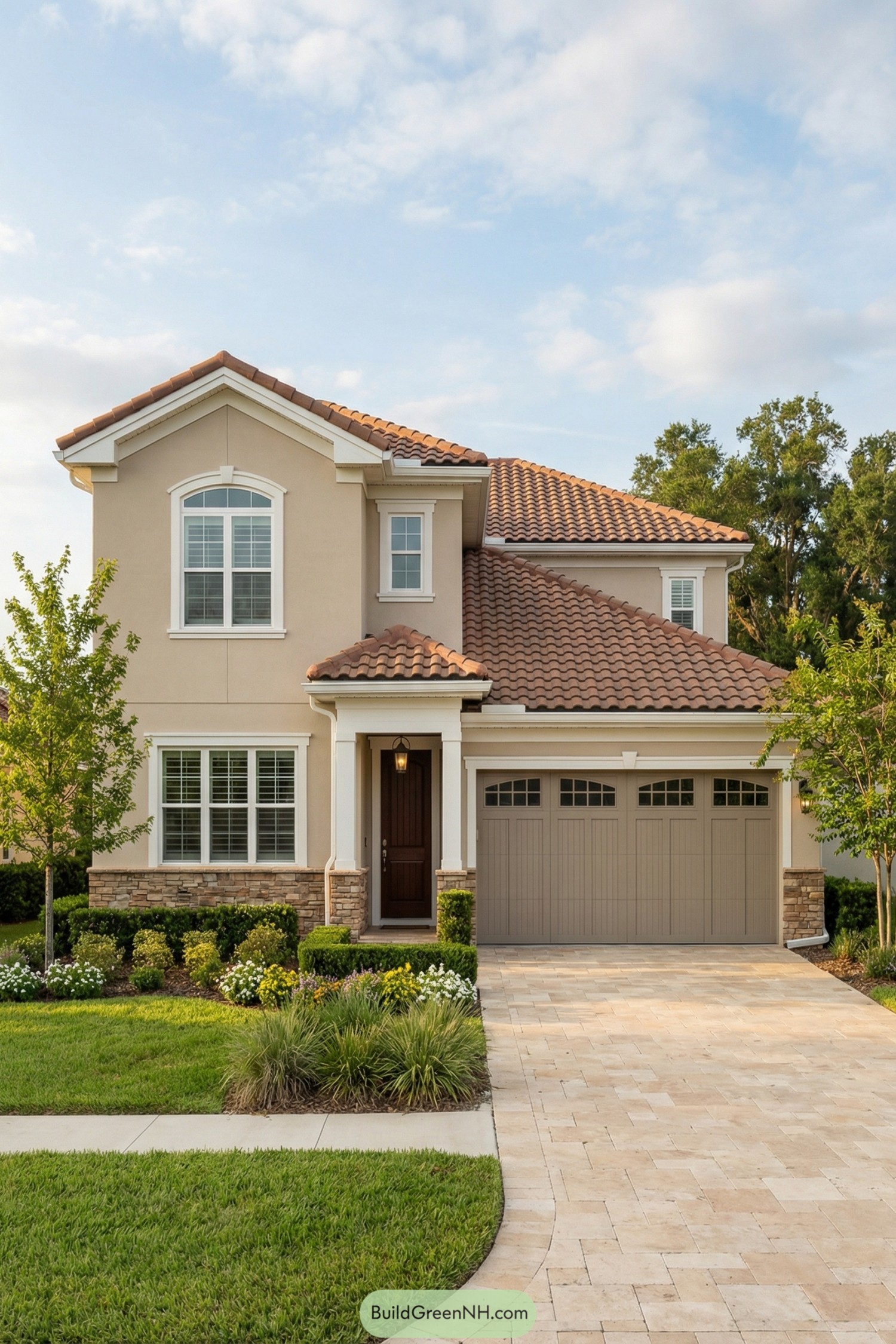 Two story beige house with red tile roof and stone accents