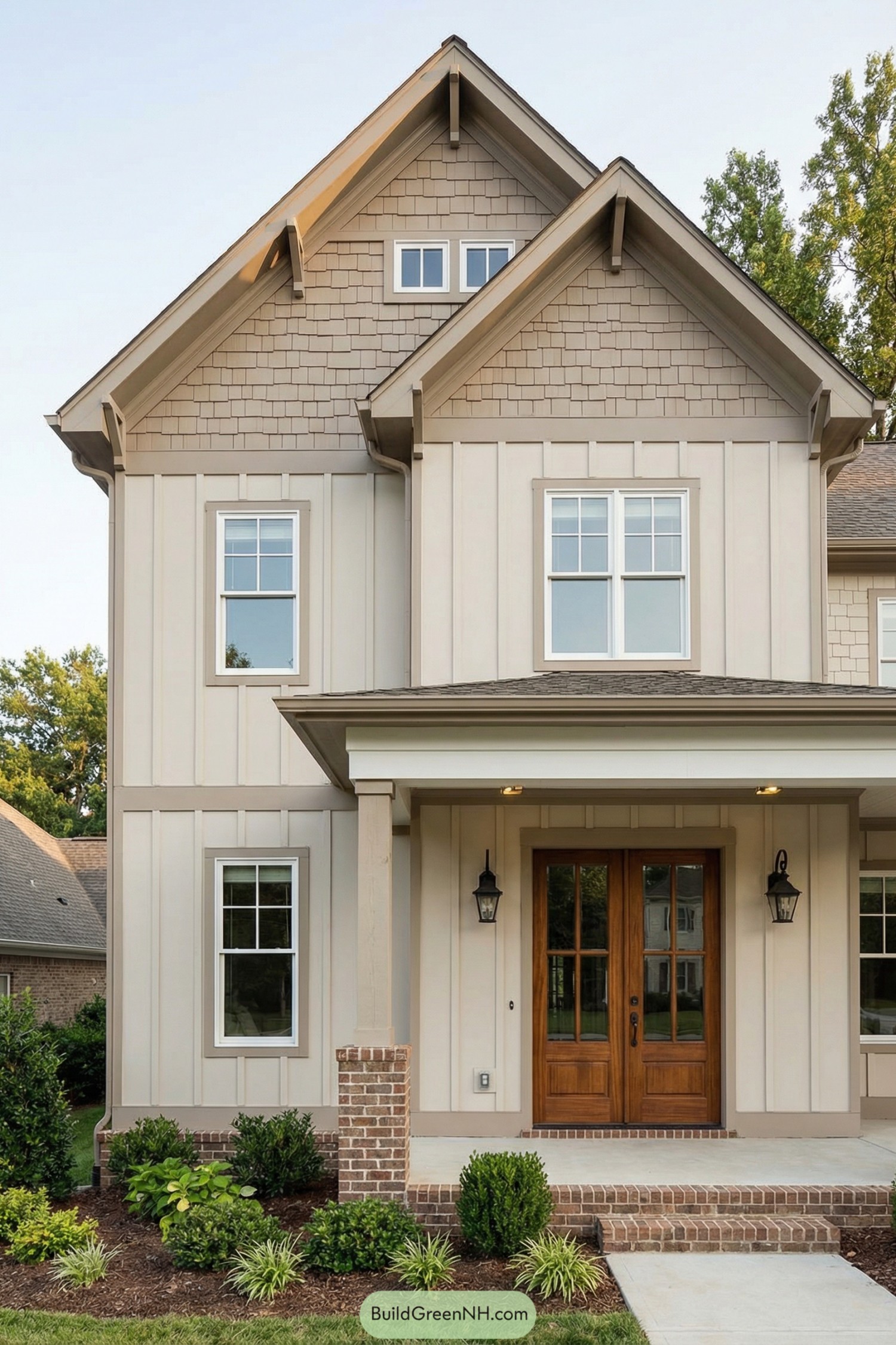 Two-story beige house with board-and-batten siding, shingled gables, and wood double front doors