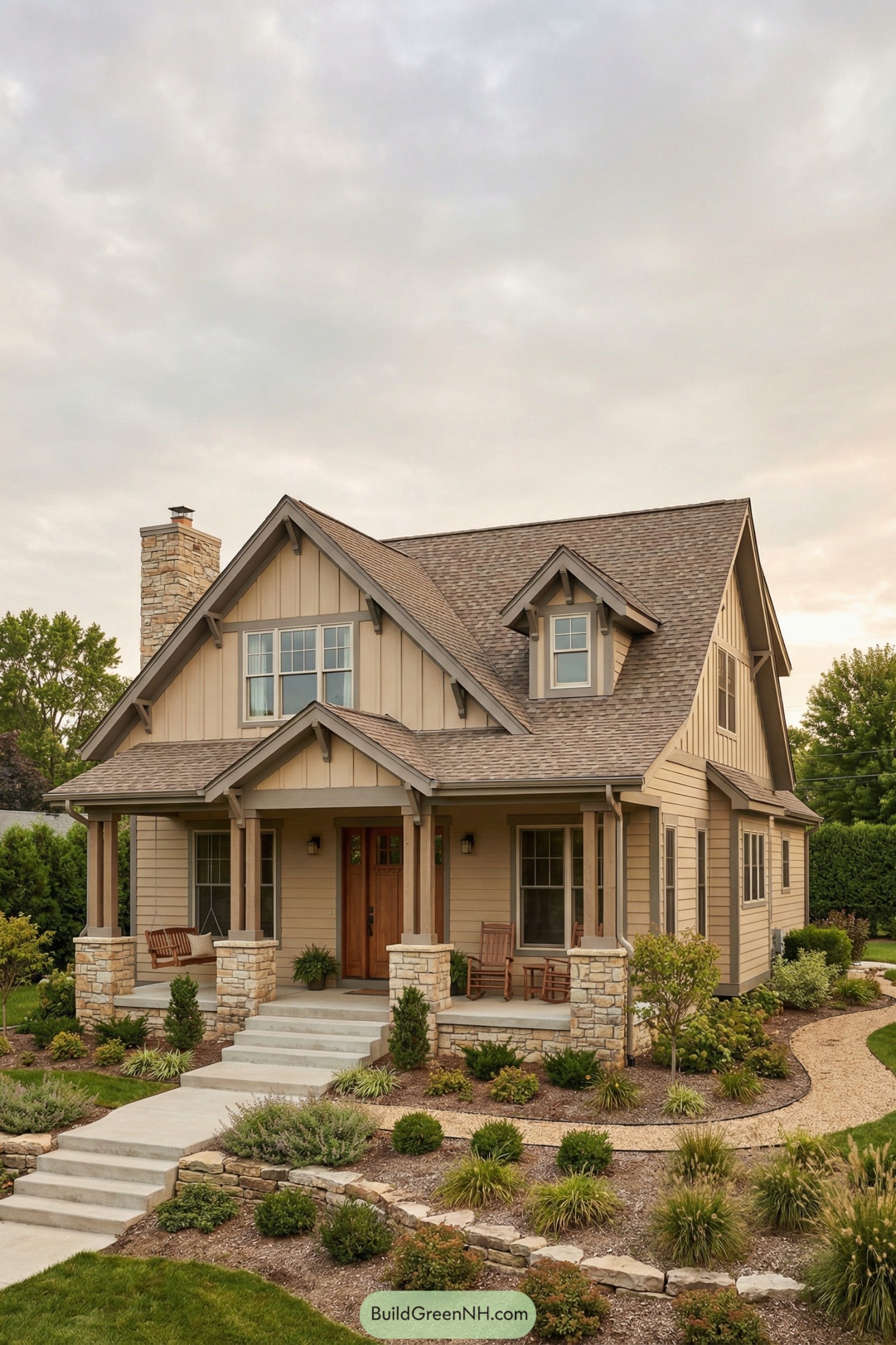 Beige craftsman-style house with gabled roof and front porch