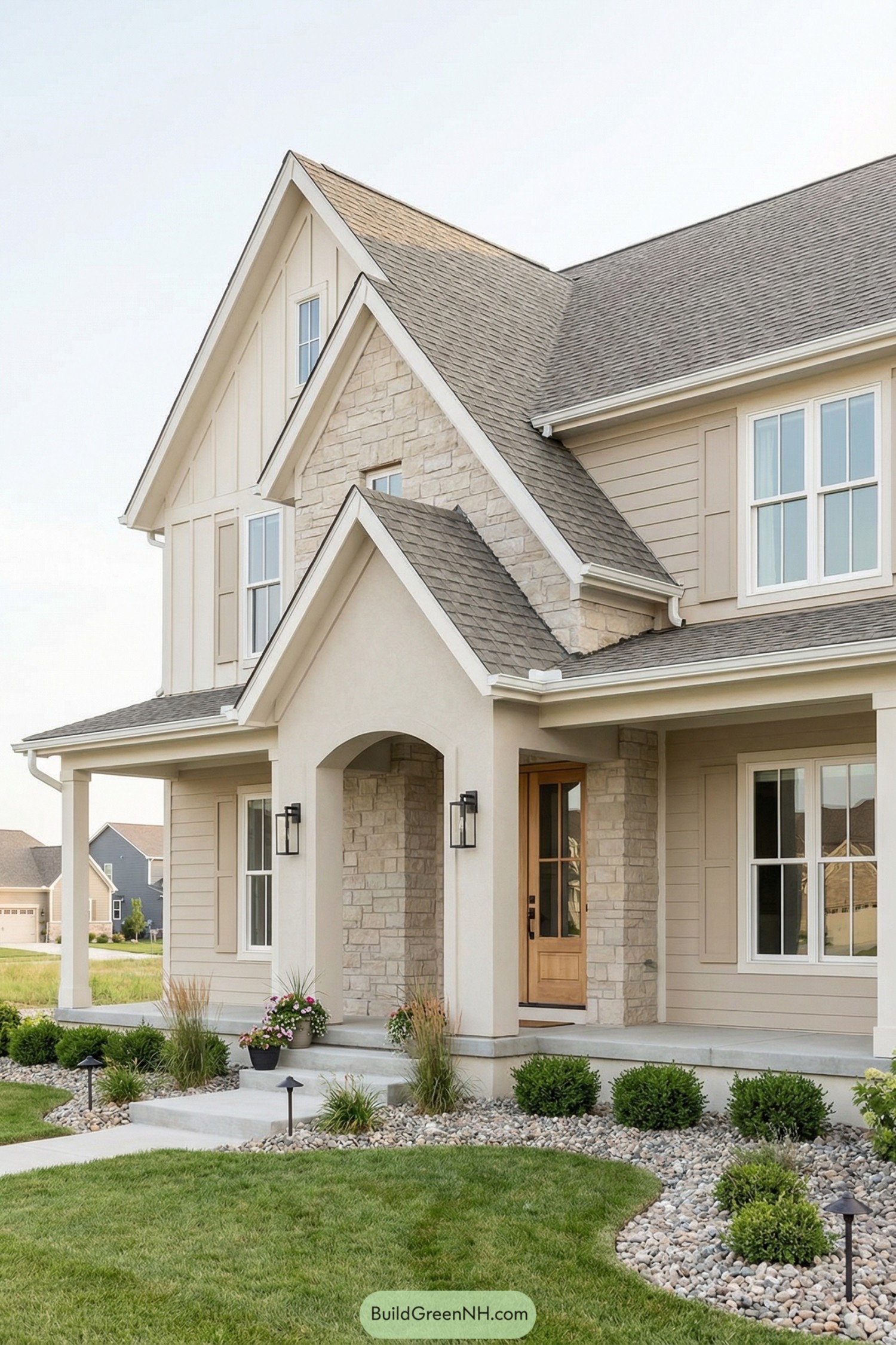 Beige two-story house with multiple gables stone accents and a front porch