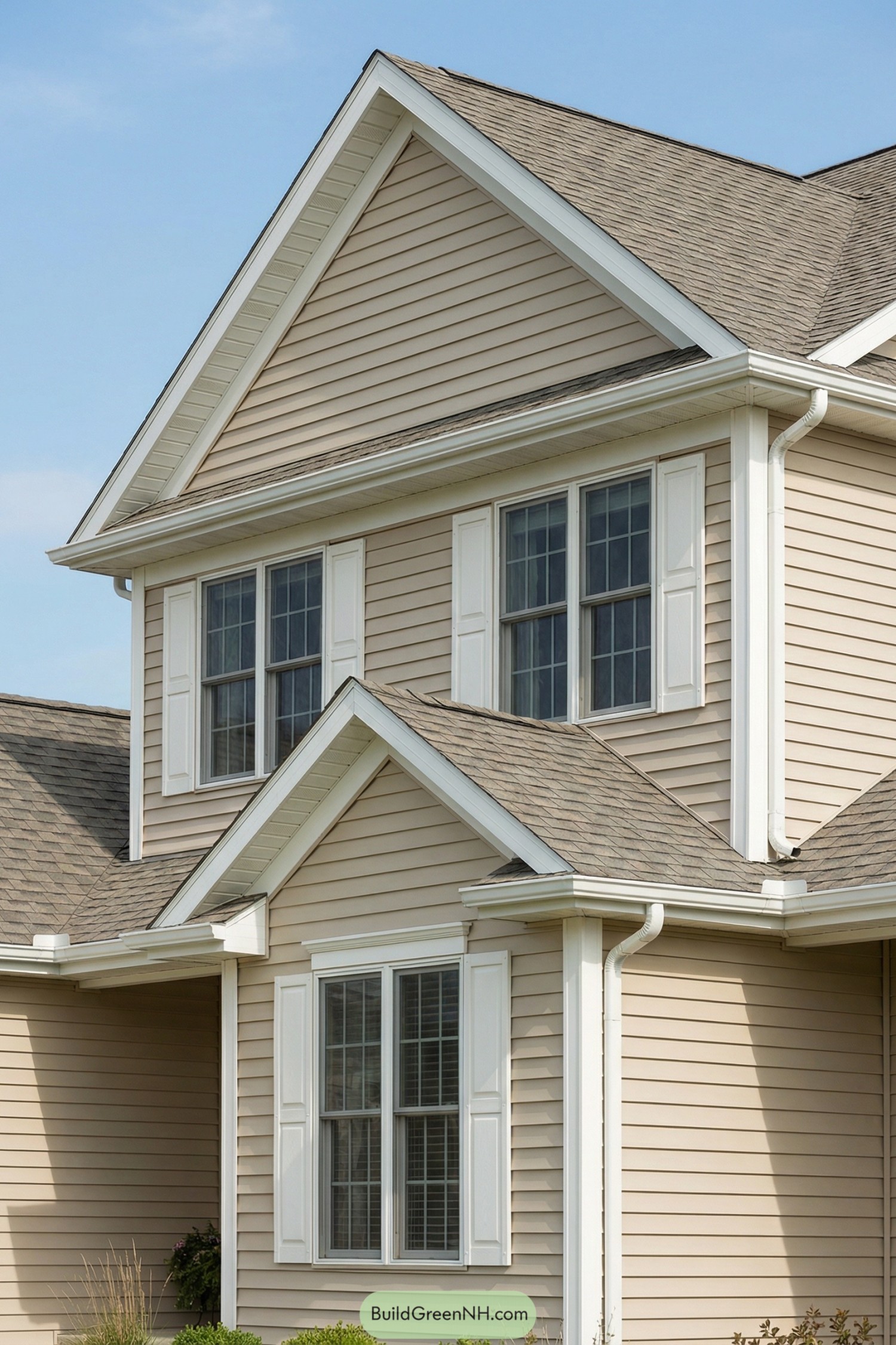 Beige vinyl-sided house with layered gable roof and white-trimmed windows