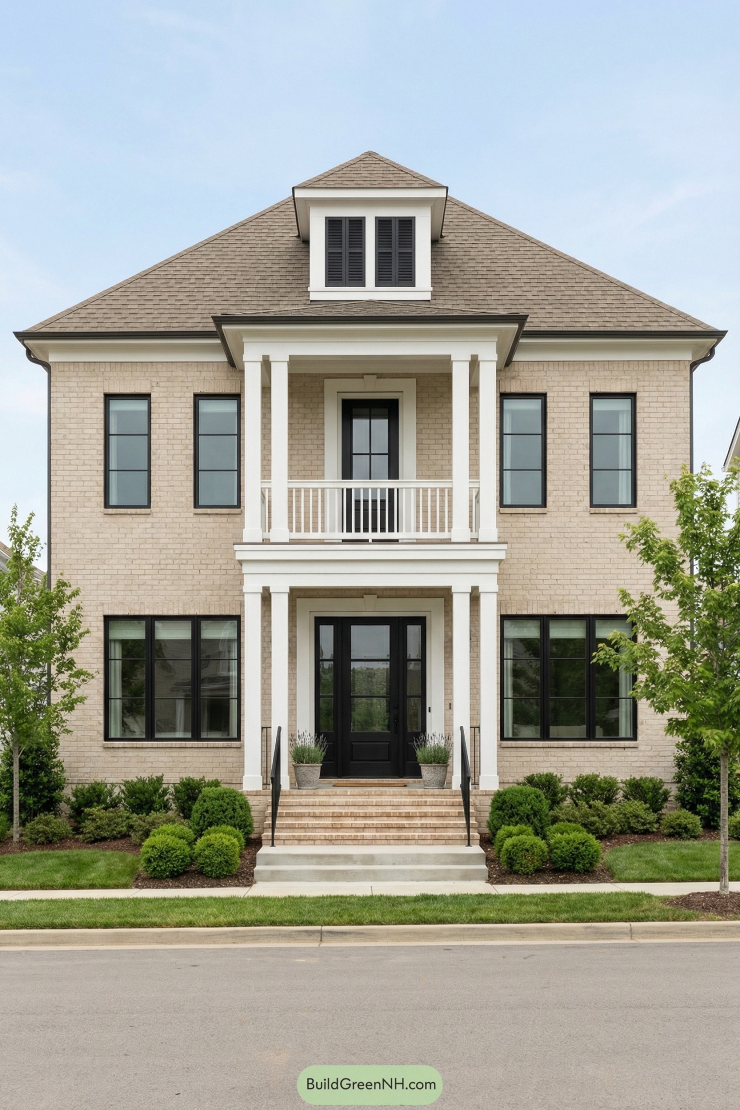 Symmetrical two-story beige brick house with central porch, balcony, and black-trimmed windows