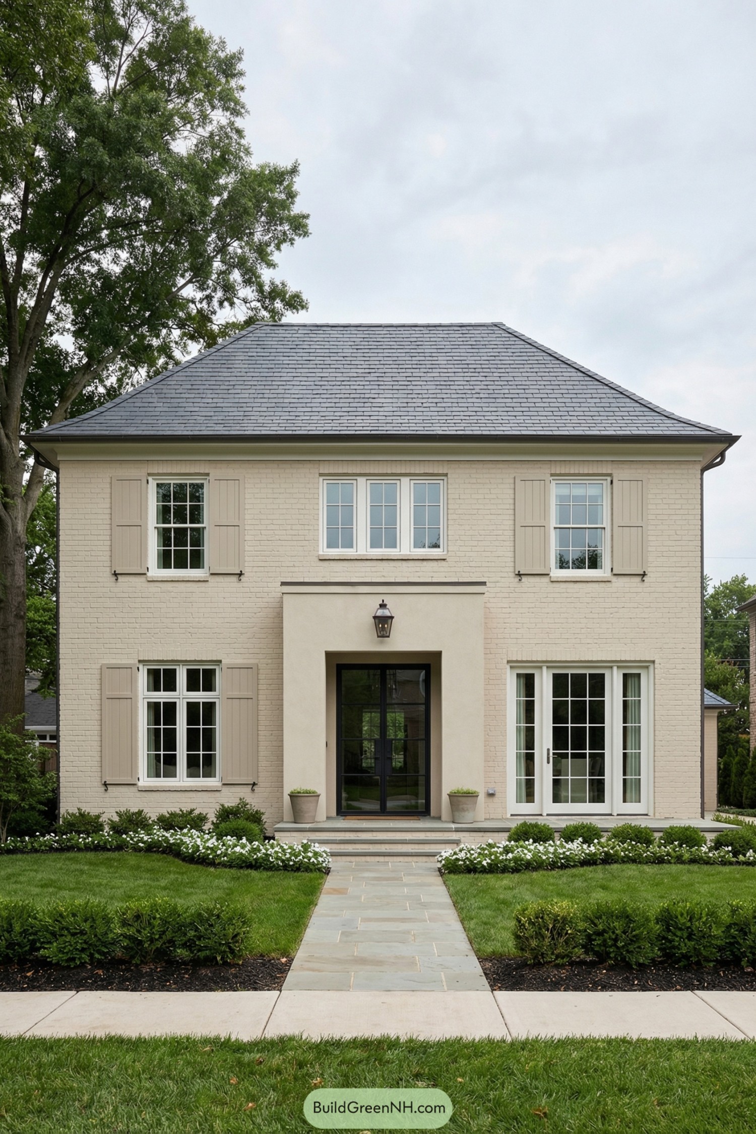 Two-story beige brick home with tall windows slate roof and neat flower beds along a central walkway