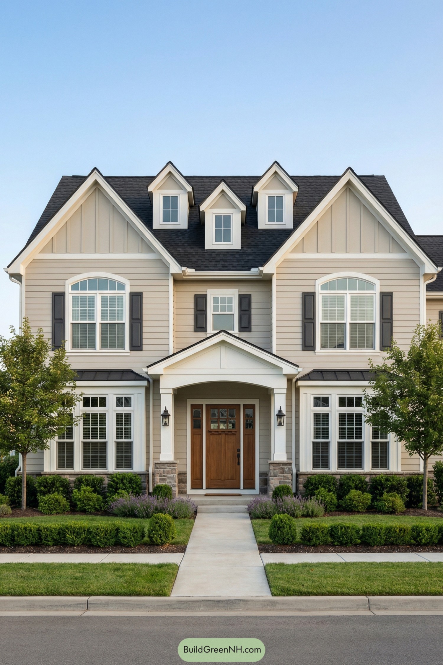 Beige two-story house with gabled roof and manicured front yard