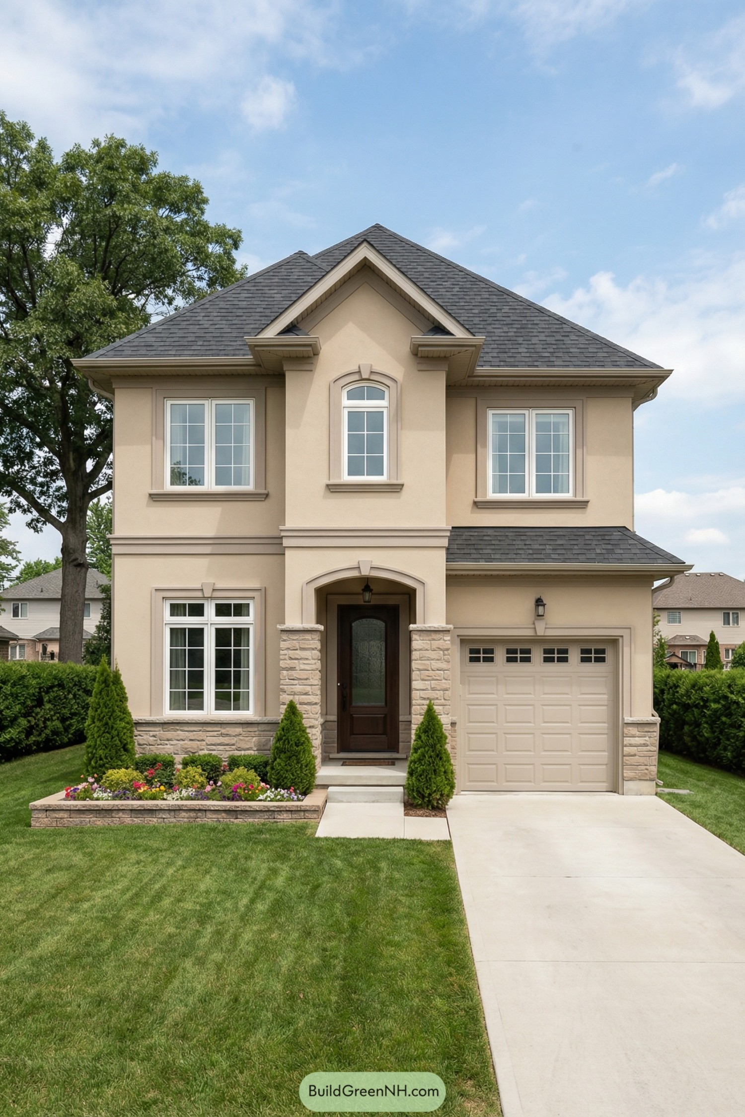 Two story beige stucco house with stone accents and attached single garage