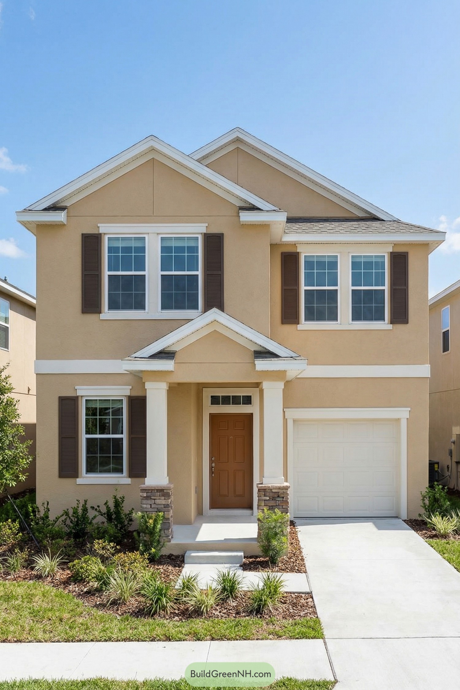Two story beige house with front porch