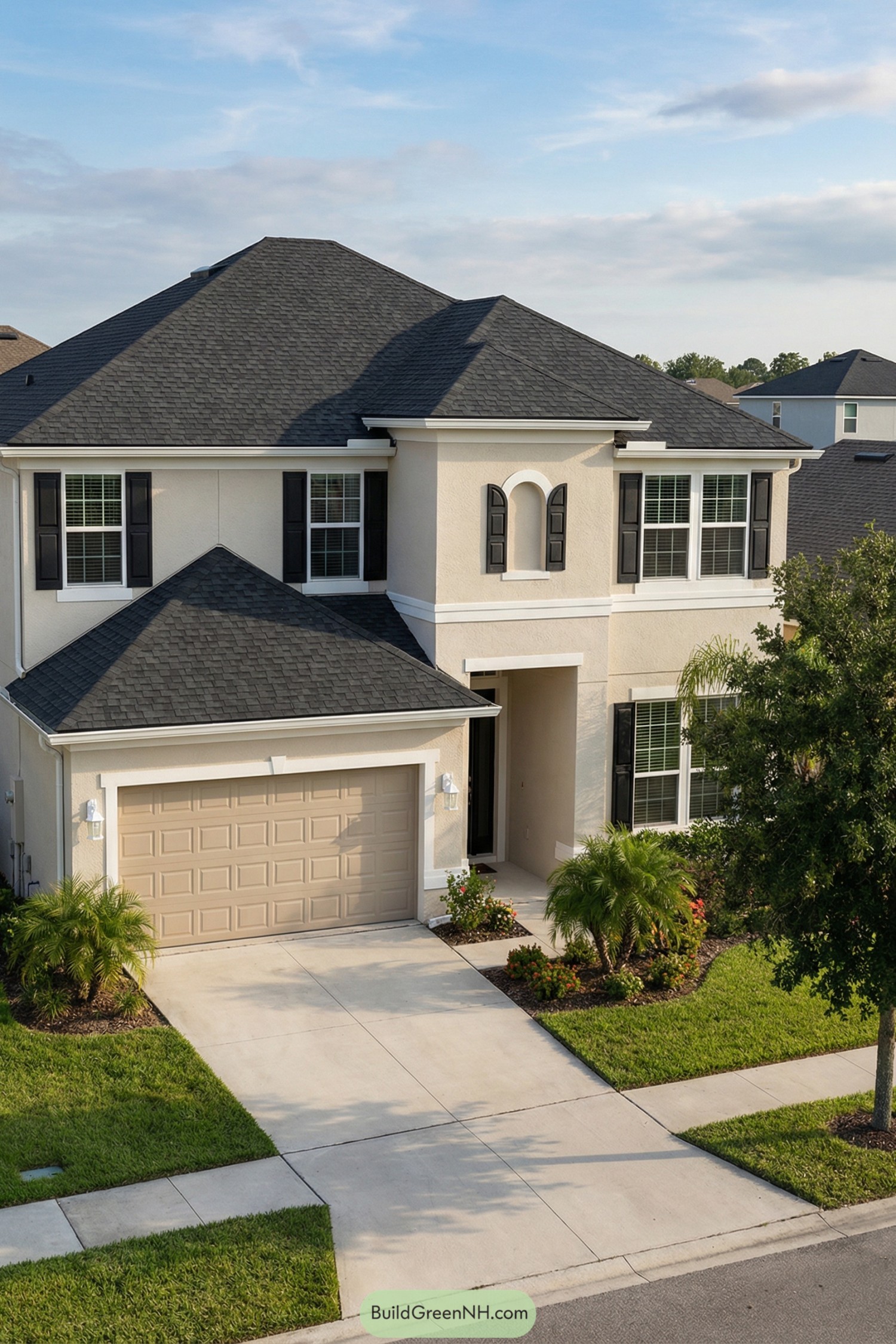 Two-story beige stucco house with dark shingle roof, black shutters, and attached two-car garage