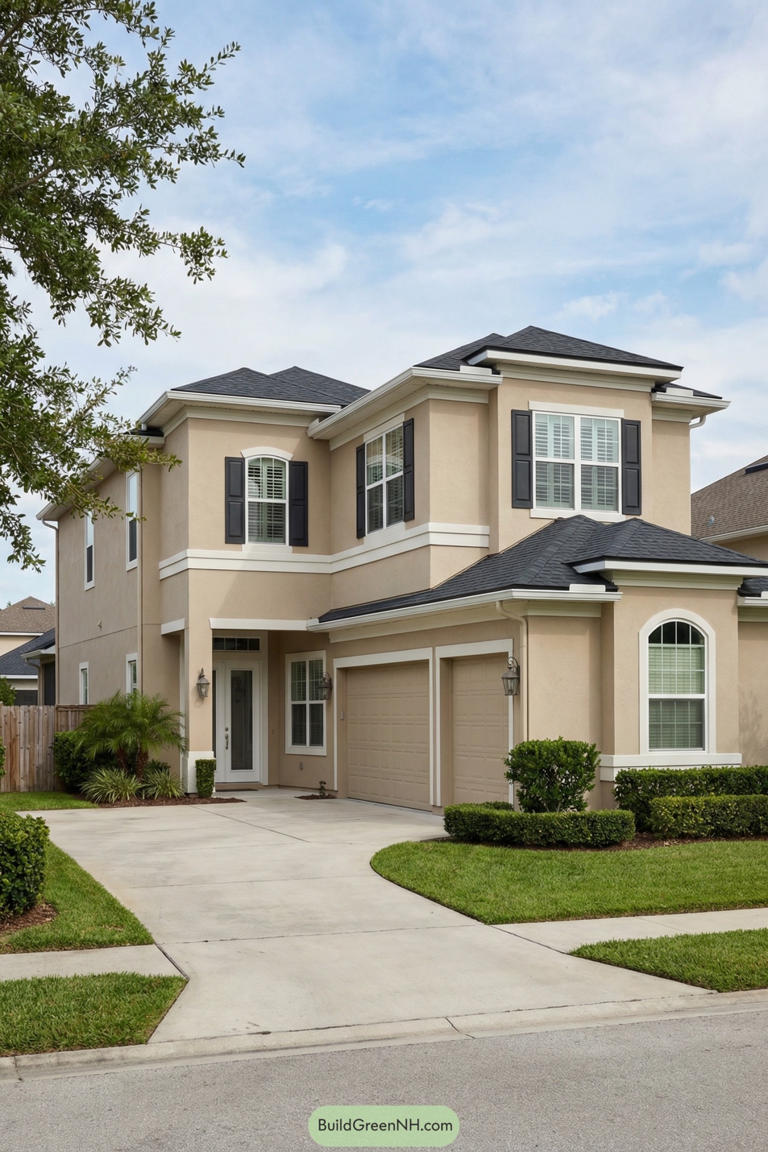 Two-story beige stucco suburban house with black shutters and double garage