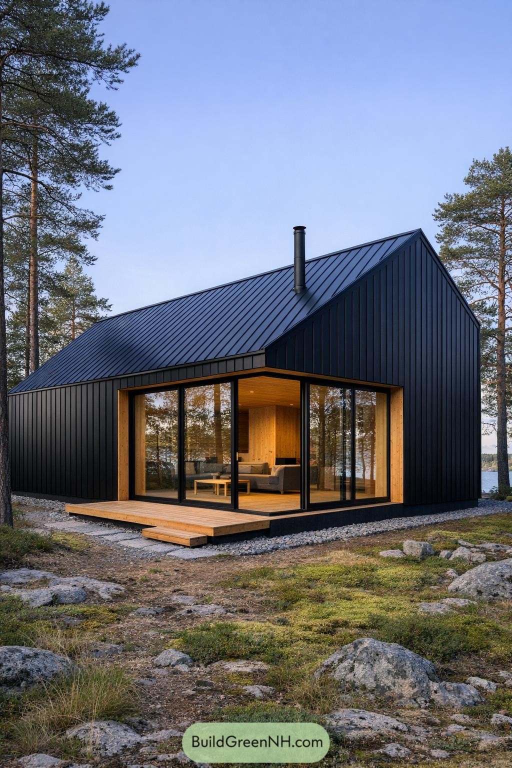 Black metal-clad Scandinavian cabin with large glass walls, warm wood interior, and a small front deck in a rocky forest setting