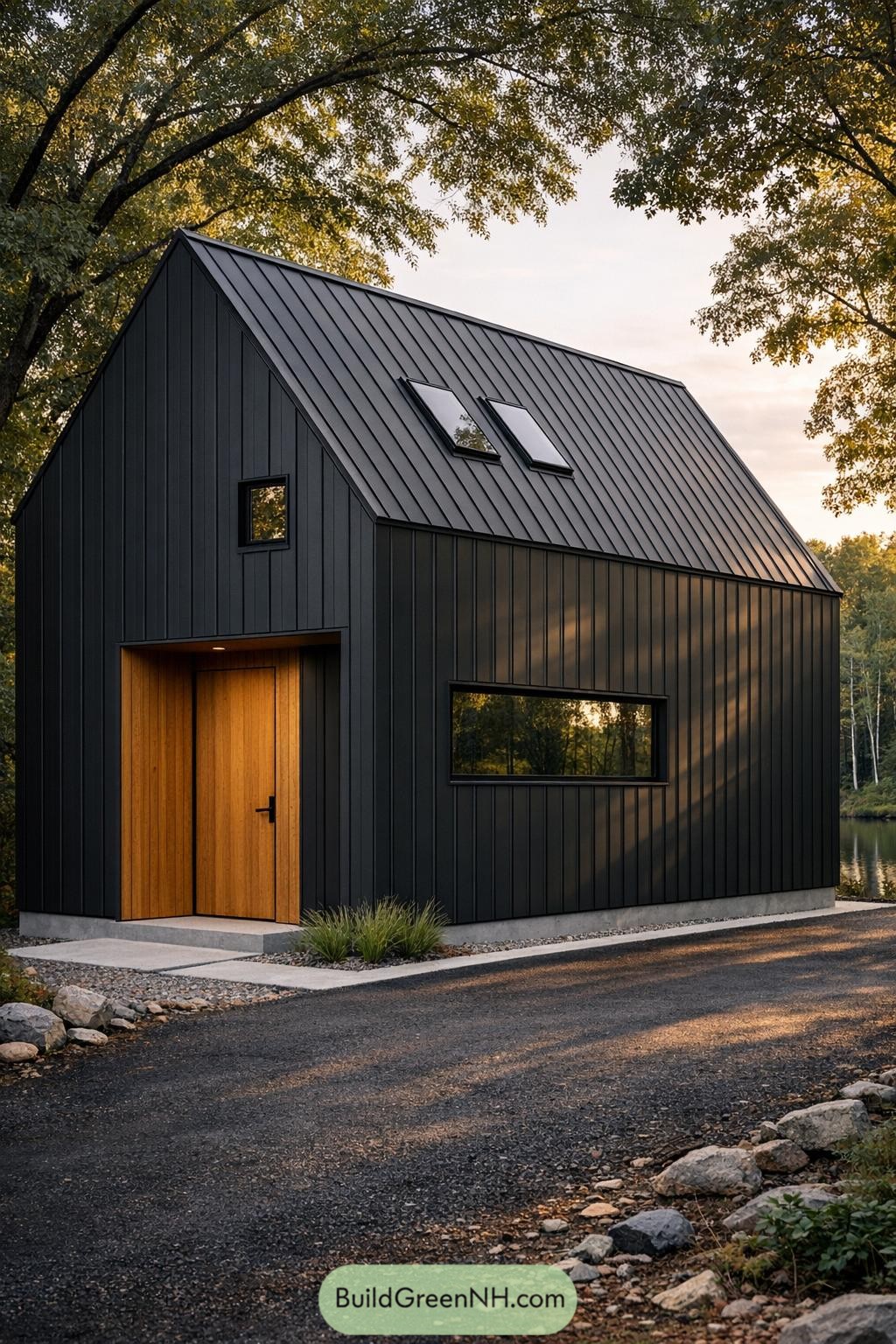 Compact black Scandinavian cabin with steep metal roof, warm wood entry, and large horizontal window facing forested lake