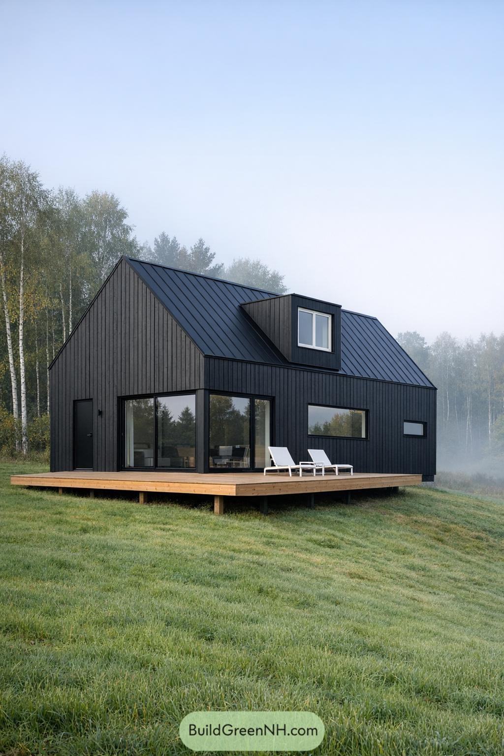 Black Scandinavian-style house with large wooden deck on a misty grassy hillside