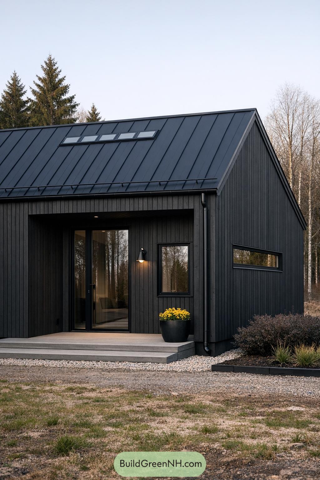 Modern black Scandinavian cabin with metal roof and glass entry