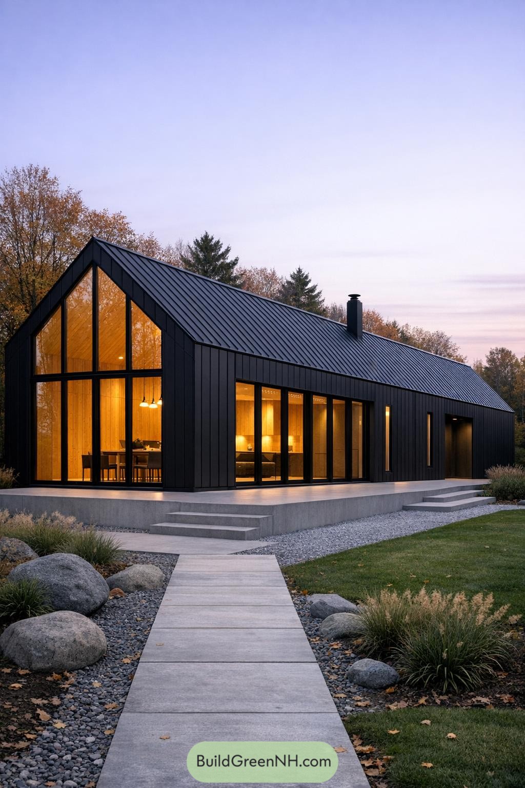 Black Scandinavian house with tall glass walls at dusk