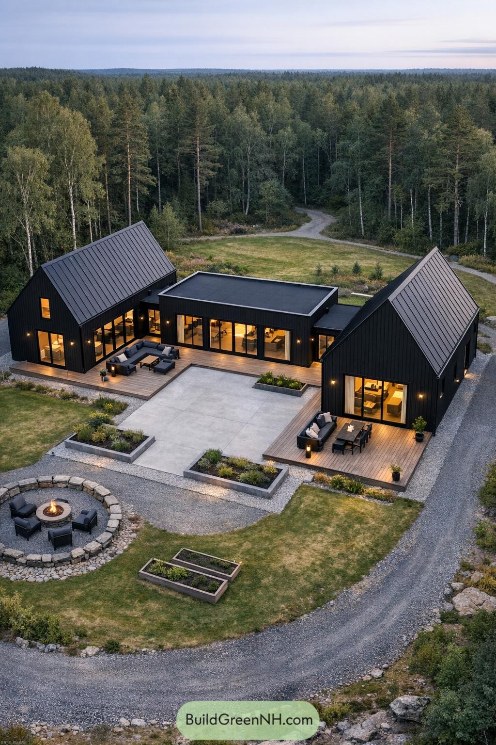 Black three-wing Scandinavian home forming a cozy courtyard with decks, firepit, and forest backdrop