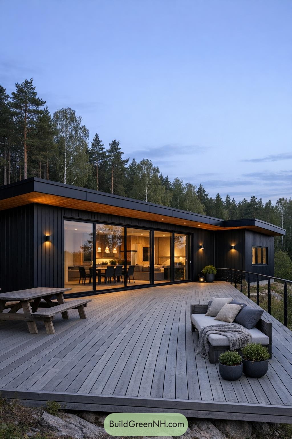 Black-clad Scandinavian cabin with expansive wood deck overlooking forested hillside at dusk