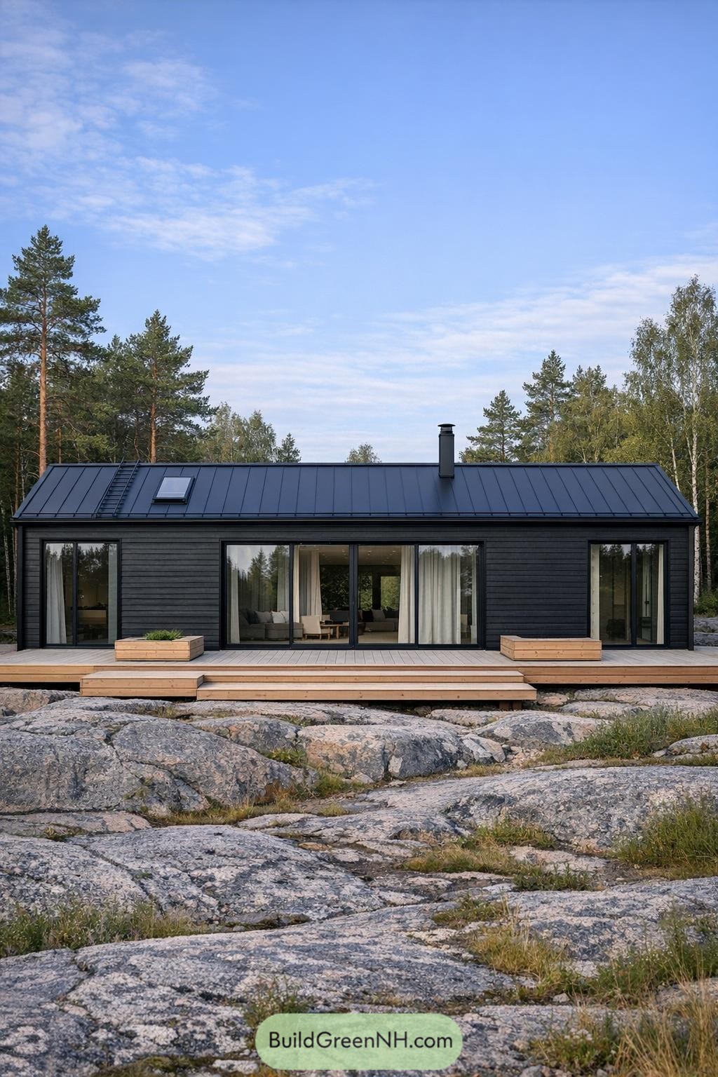 Black Scandinavian cabin with metal roof and wide deck on rocky terrain