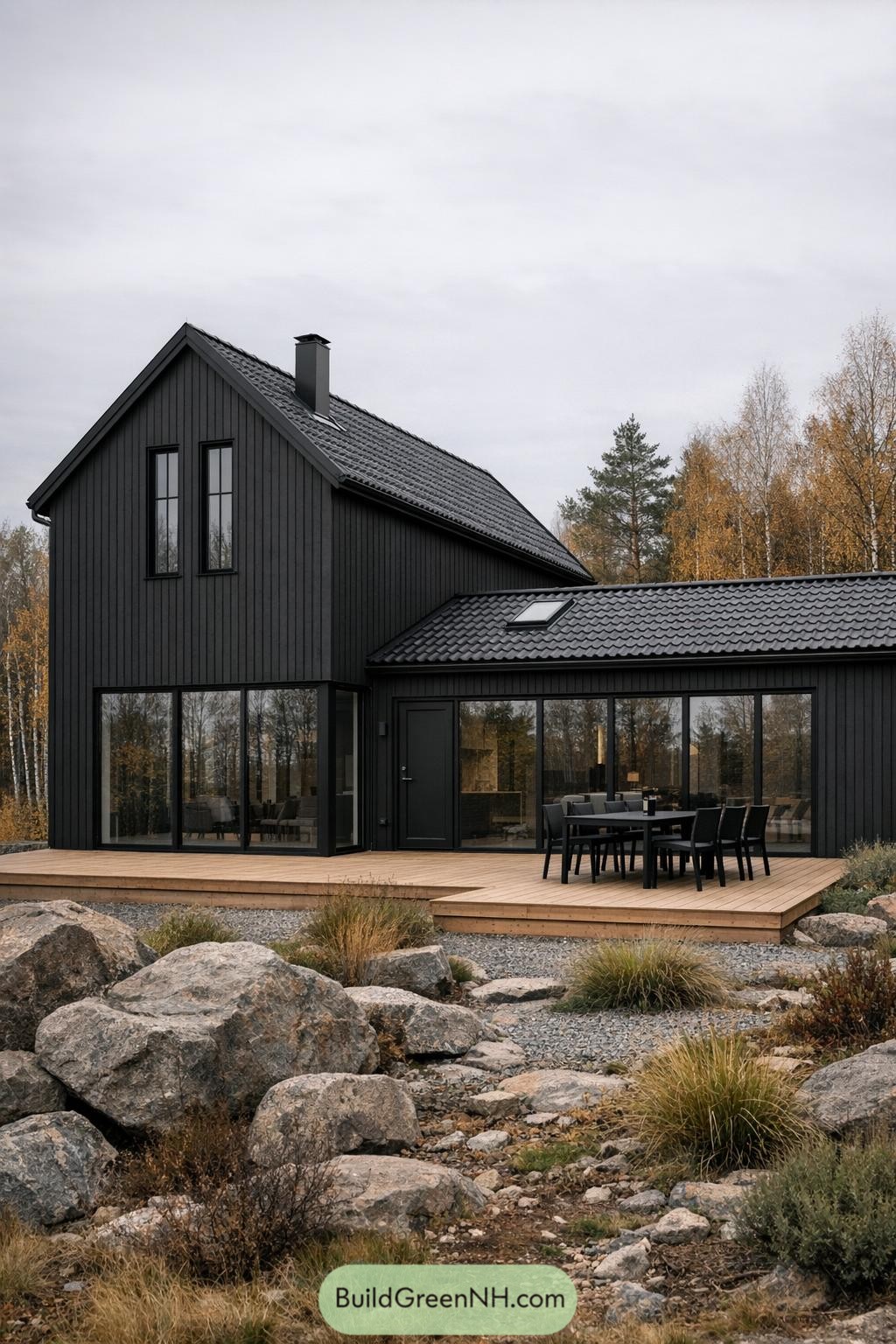 Black Scandinavian house with tall windows opening to a wooden deck in a rocky landscape