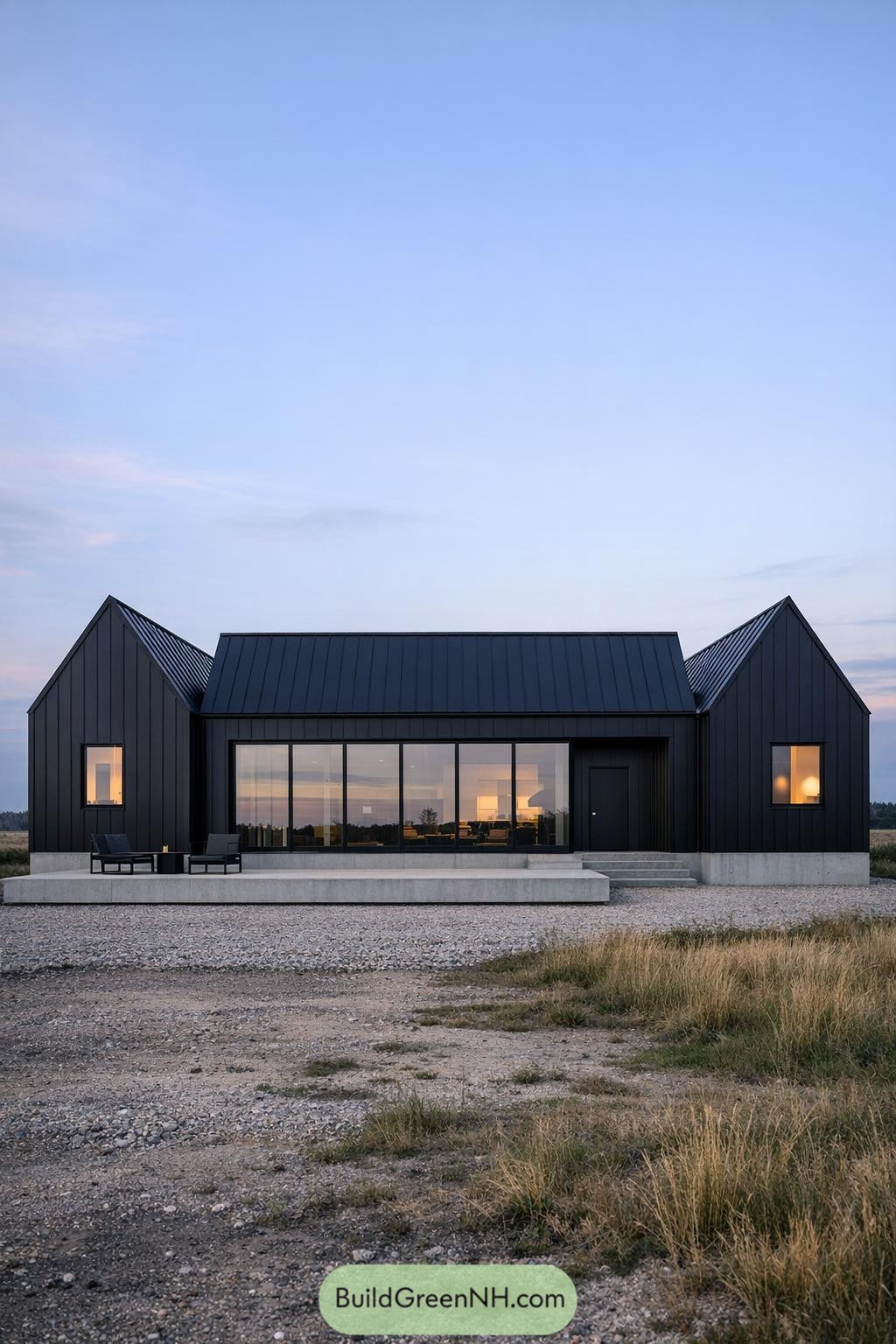 Black Scandinavian farmhouse with twin pitched wings and full-height glass front