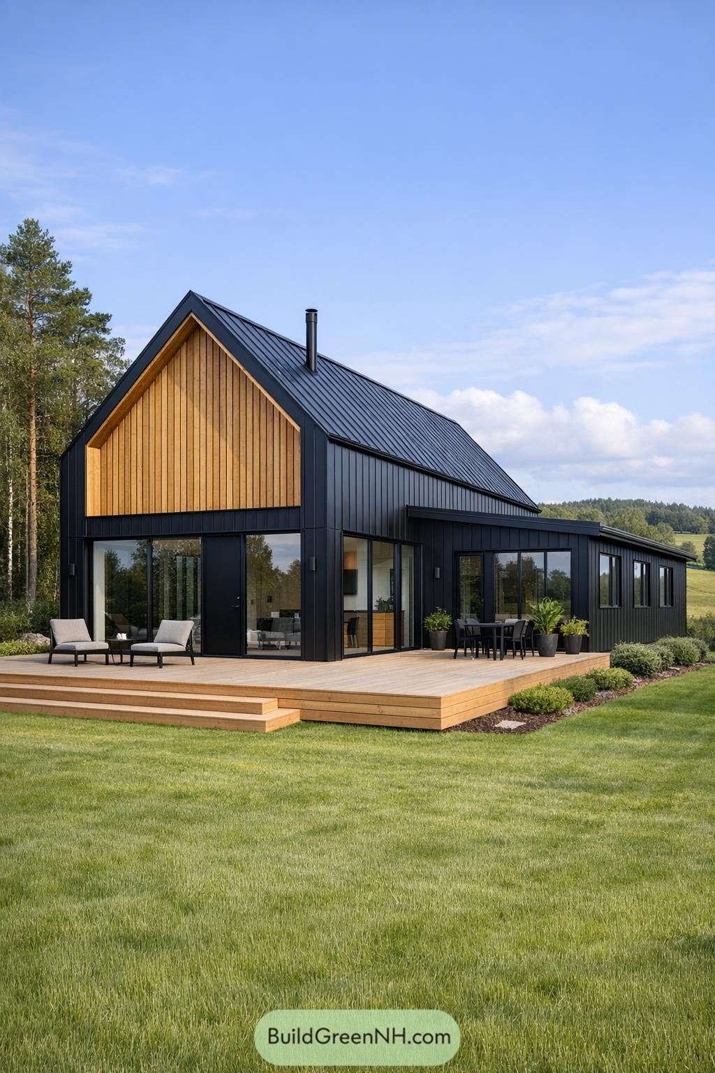 Black metal-clad Scandinavian house with warm wood accents and broad deck in open countryside
