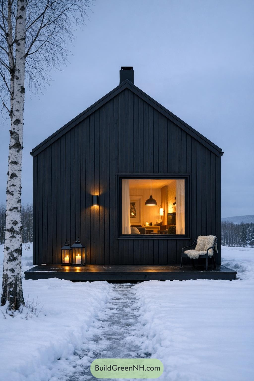 high-res photo of black scandinavian house, minimalist dark facade with smooth vertical black timber cladding and a simple steep gable front, matte black finish with subtle texture, compact rectangular volume with clean lines and no eaves, materials in painted wood cladding with dark metal trim details, roof in seamless matte black metal panels with a single rectangular black chimney on the ridge, one large square picture window framed in black with thin borders and warm glowing interior light, no visible exterior door on this side, low black wooden deck platform flush with facade extending slightly outward, small wall-mounted cylindrical black sconce beside the window emitting warm light, metal lanterns with candles on the deck, simple black chair with light sheepskin throw on the right, soft untouched snow covering the ground with a narrow footpath leading toward the deck, slender white-barked birch tree in the foreground at left, distant line of bare trees and low hills in the background, overcast winter sky in muted blue-gray tones, calm evening ambiance with strong contrast between black architecture, white snow, and warm interior glow, real-life photo, high-resolution, architectural photography, soft lighting, cinematic composition.