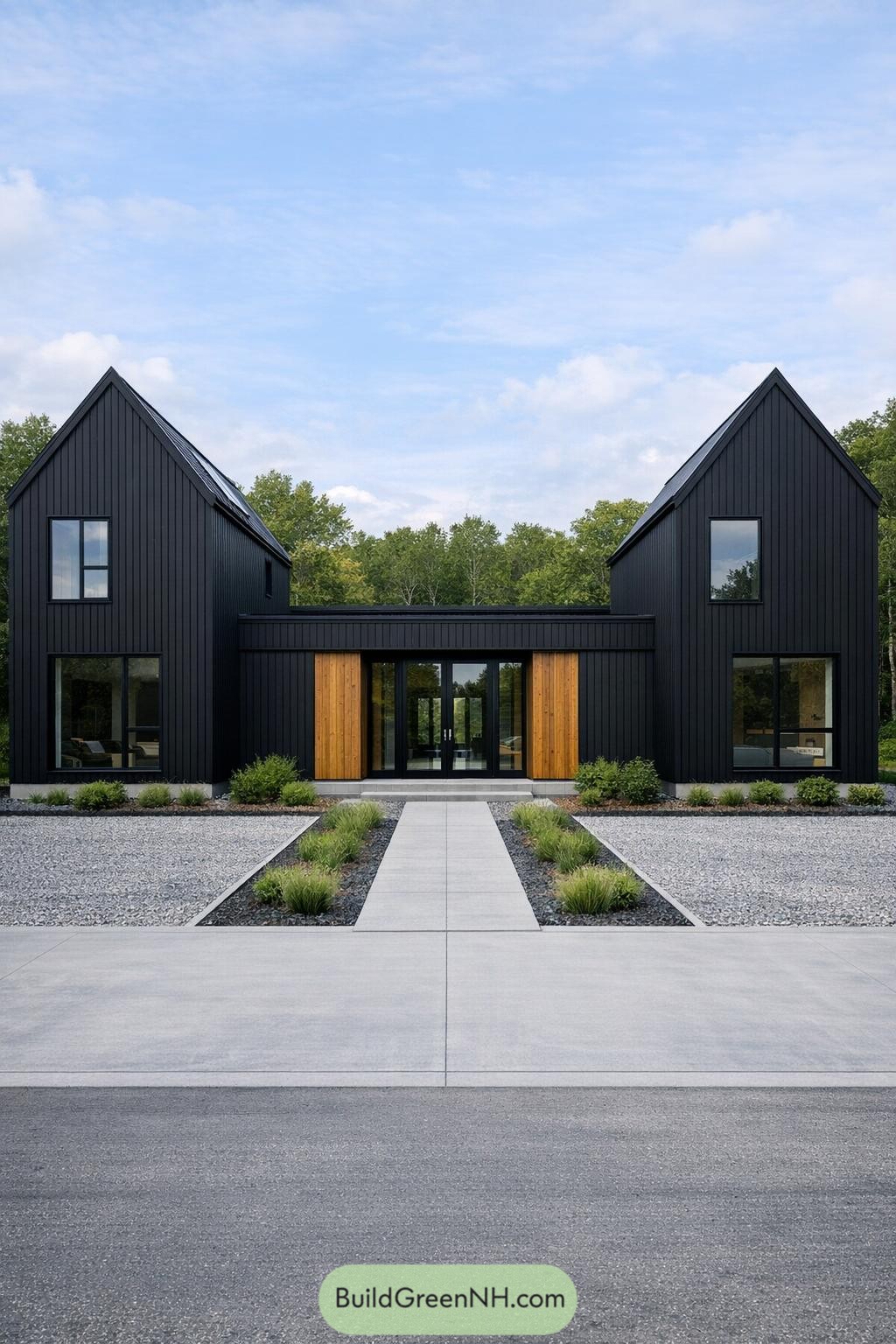Black twin-gable Scandinavian house with central glazed entry and gravel courtyard